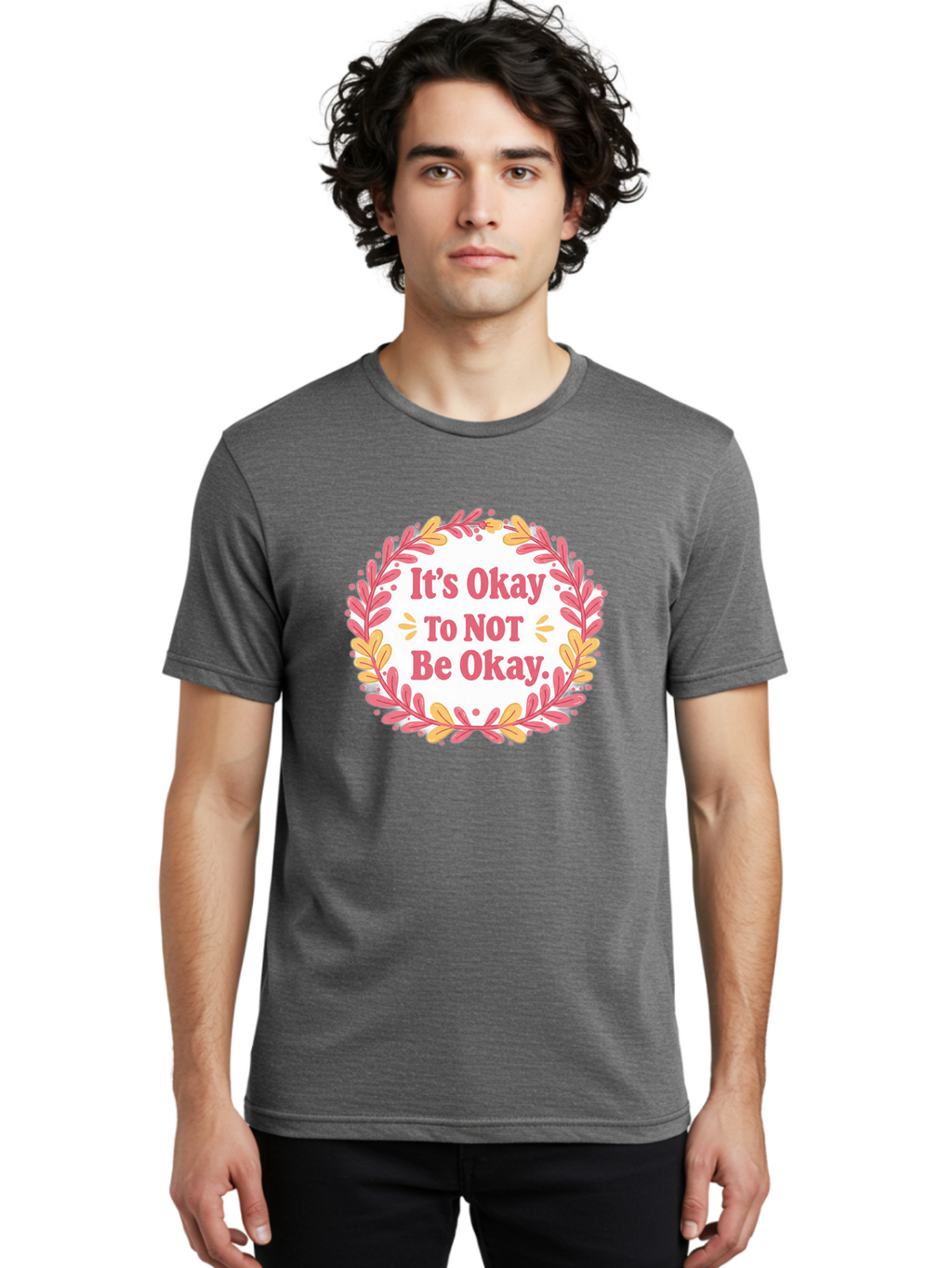 It-S-Okay-To-Not-Be-Okay-1 Men'S Graphic Tee, 100% Cotton, Comfortable Casual Summer Wear, Machine Washable, Motivational Quote, Mental Health Awareness, Inspirational Message, Positive Vibes, Self Care, Wellness, Pink Font, Yellow Leaves, Bae050
