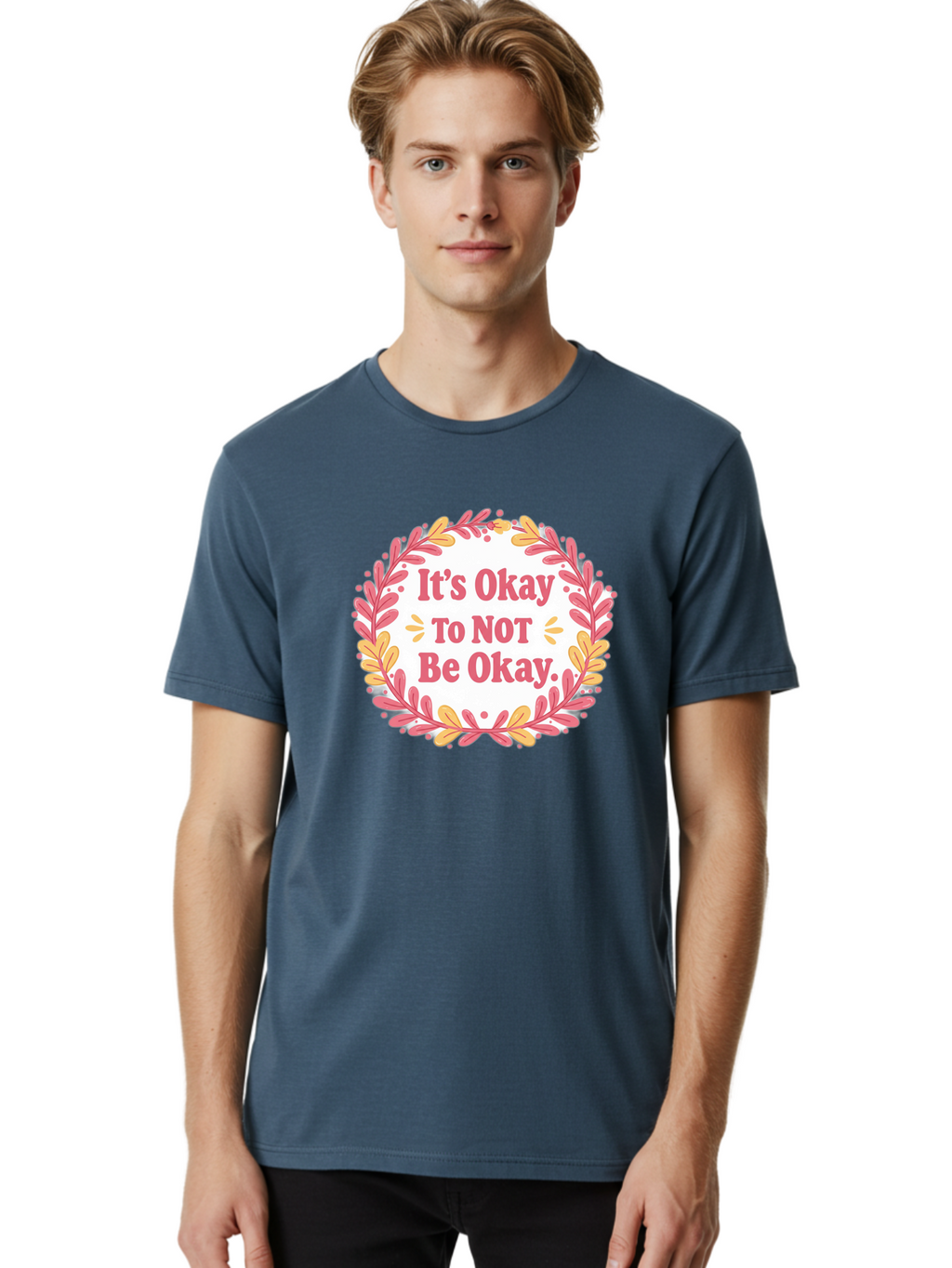 It-S-Okay-To-Not-Be-Okay-1 Men'S Graphic Tee, 100% Cotton, Comfortable Casual Summer Wear, Machine Washable, Motivational Quote, Mental Health Awareness, Inspirational Message, Positive Vibes, Self Care, Wellness, Pink Font, Yellow Leaves, Bae050