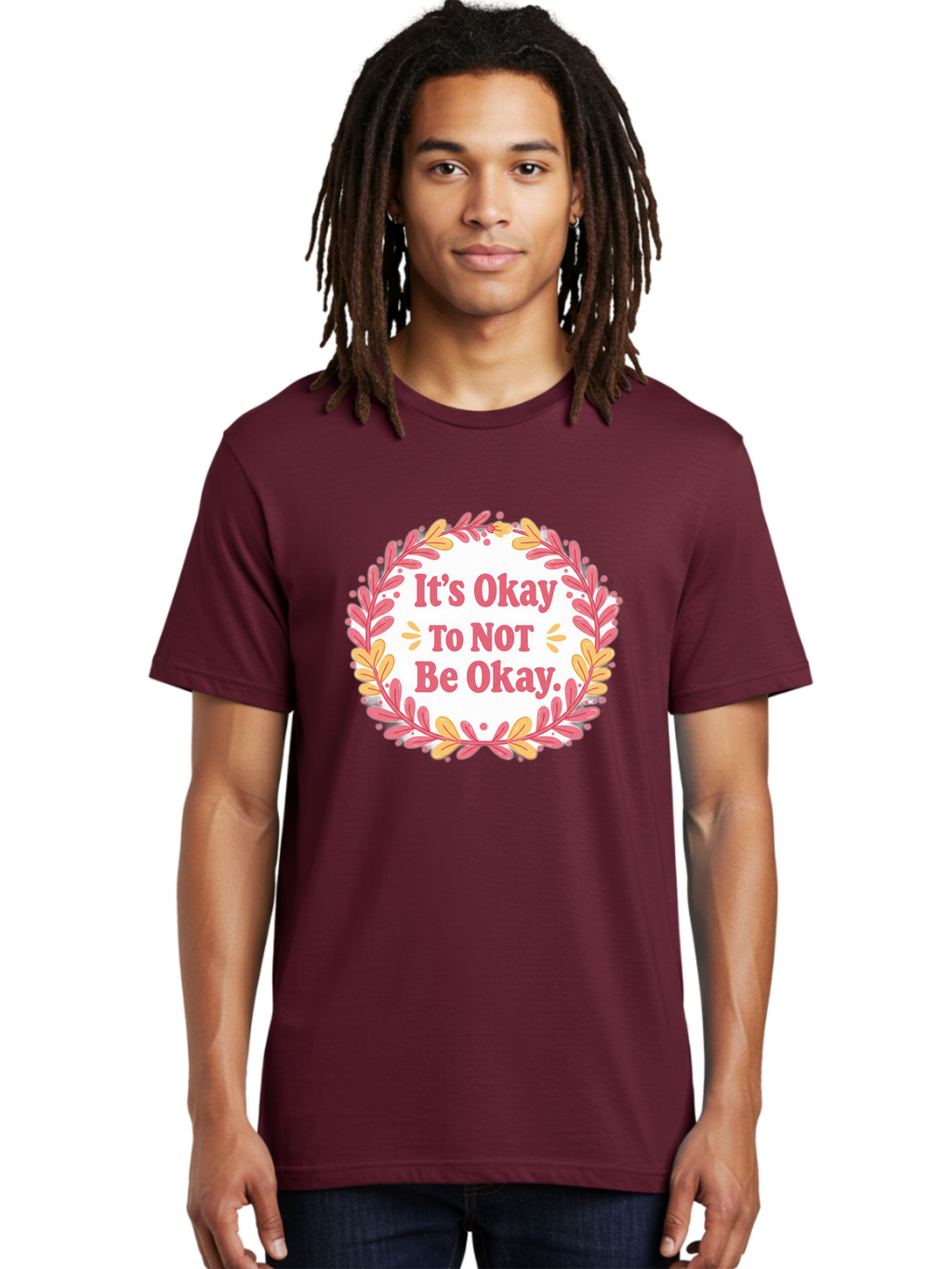 It-S-Okay-To-Not-Be-Okay-1 Men'S Graphic Tee, 100% Cotton, Comfortable Casual Summer Wear, Machine Washable, Motivational Quote, Mental Health Awareness, Inspirational Message, Positive Vibes, Self Care, Wellness, Pink Font, Yellow Leaves, Bae050