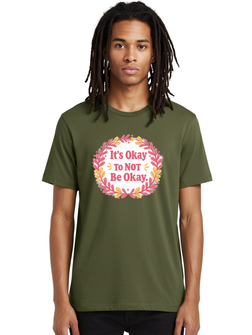 It-S-Okay-To-Not-Be-Okay-1 Men'S Graphic Tee, 100% Cotton, Comfortable Casual Summer Wear, Machine Washable, Motivational Quote, Mental Health Awareness, Inspirational Message, Positive Vibes, Self Care, Wellness, Pink Font, Yellow Leaves, Bae050
