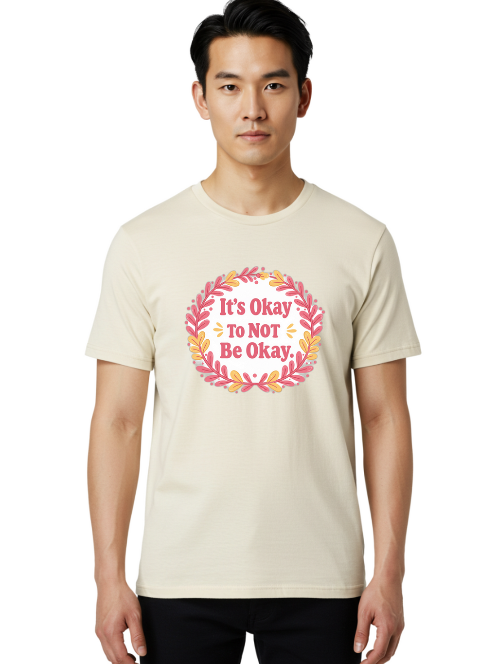 It-S-Okay-To-Not-Be-Okay-1 Men'S Graphic Tee, 100% Cotton, Comfortable Casual Summer Wear, Machine Washable, Motivational Quote, Mental Health Awareness, Inspirational Message, Positive Vibes, Self Care, Wellness, Pink Font, Yellow Leaves, Bae050