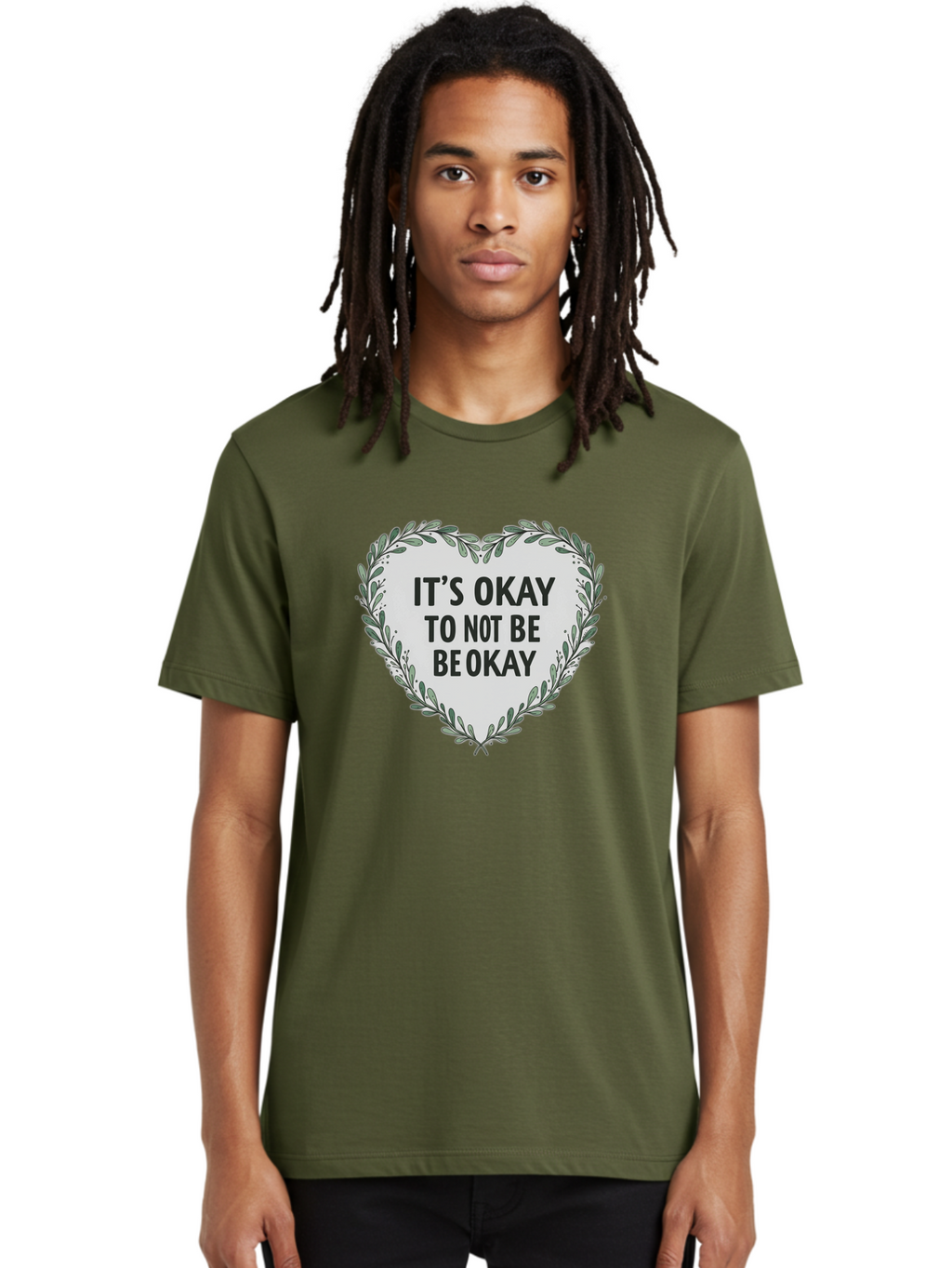 It-S-Okay-To-Not-Be-Okay-2 Men'S Graphic Tee, 100% Cotton, Comfortable Casual Summer Wear, Machine Washable, Mental Health Awareness, Inspirational Quotes, Heart Shape, Floral Wreath, Motivational Messages, Self Care, Emotional Support, Bae051