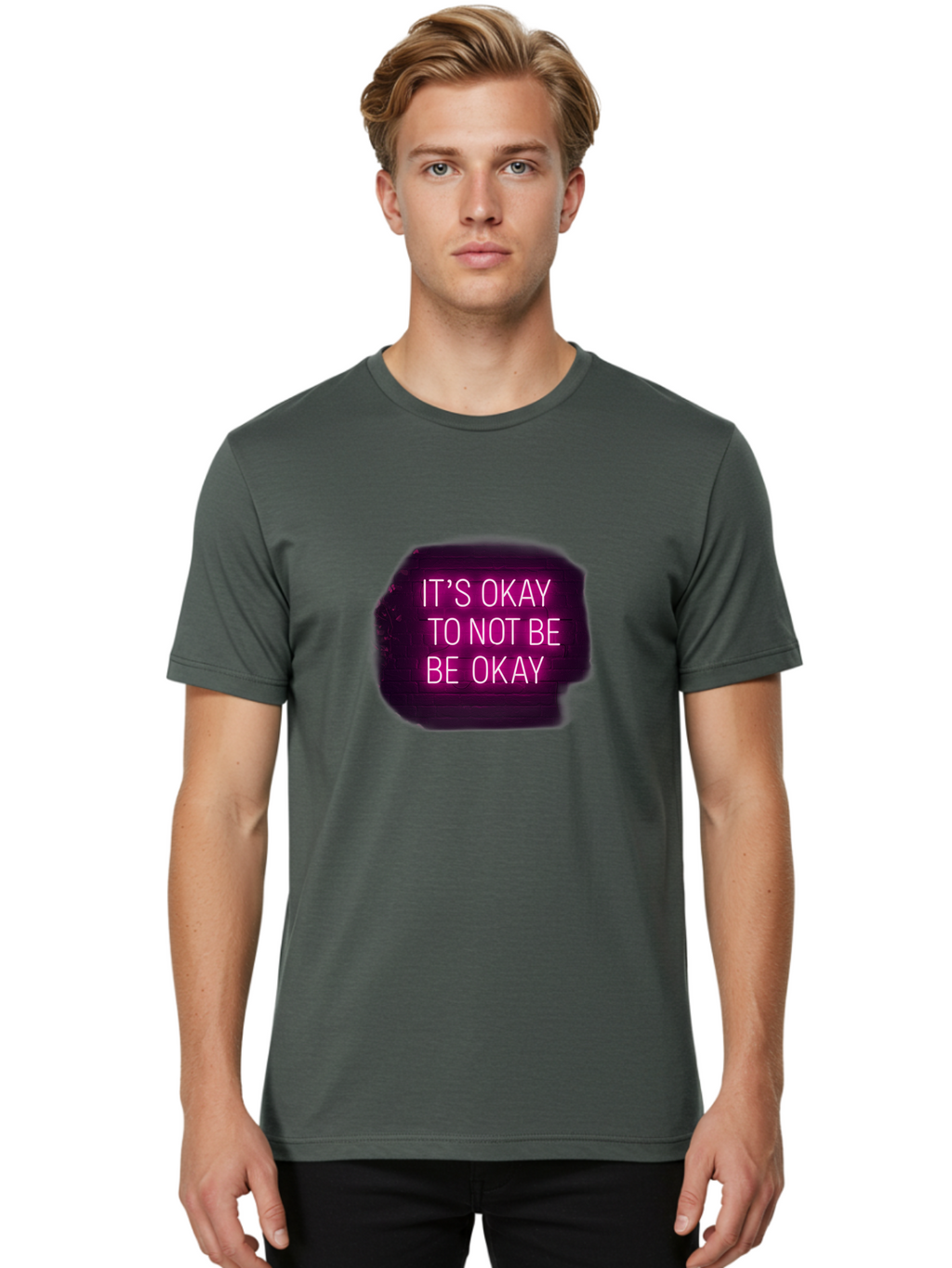 It-S-Okay-To-Not-Be-Okay-3 Men'S Graphic Tee, 100% Cotton, Comfortable Casual Summer Wear, Machine Washable, Mental Health Awareness, Self Care, Emotional Support, Neon Sign, Pink Text, Inspirational Quote, Motivational Message Bae052