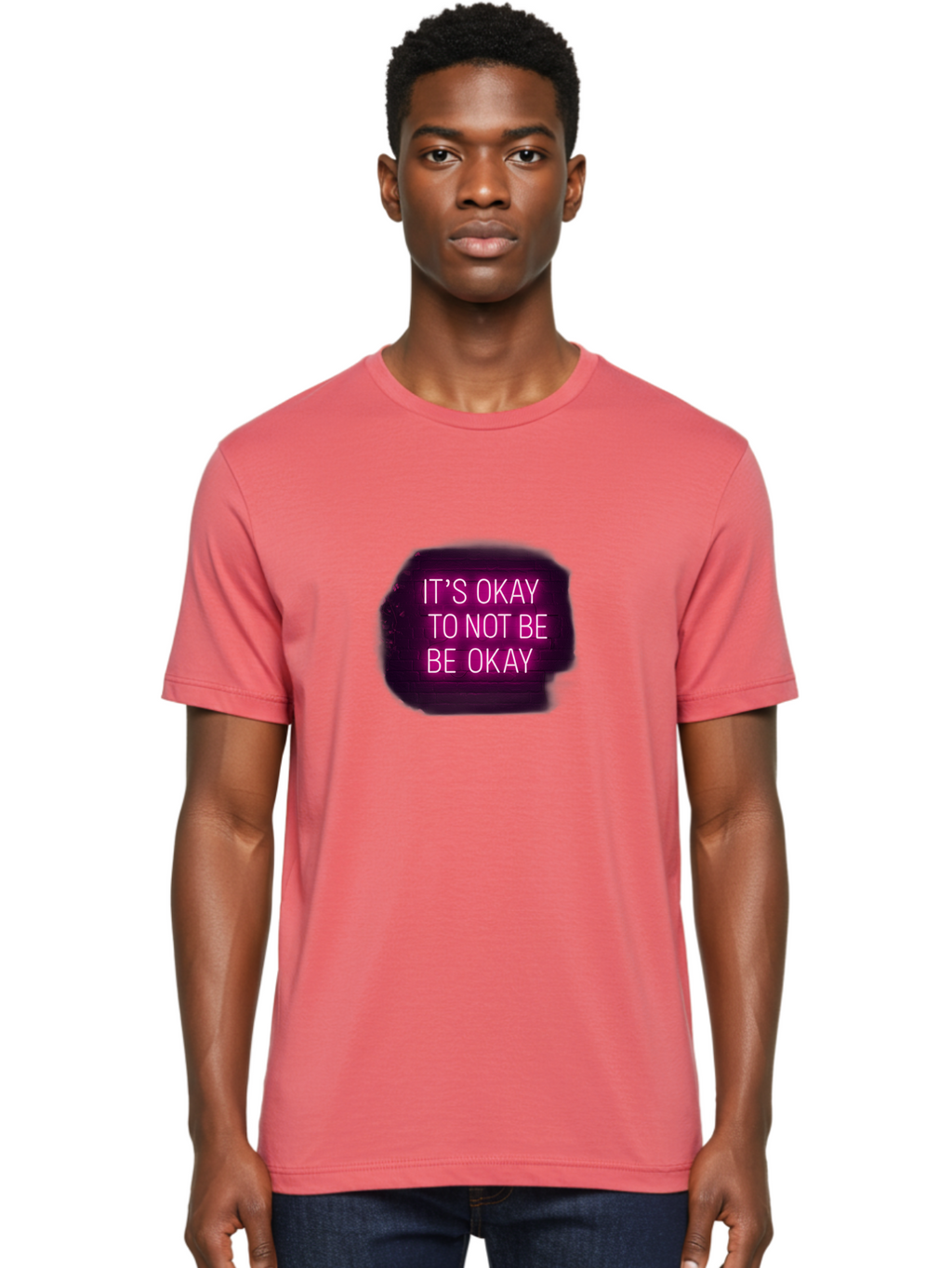 It-S-Okay-To-Not-Be-Okay-3 Men'S Graphic Tee, 100% Cotton, Comfortable Casual Summer Wear, Machine Washable, Mental Health Awareness, Self Care, Emotional Support, Neon Sign, Pink Text, Inspirational Quote, Motivational Message Bae052