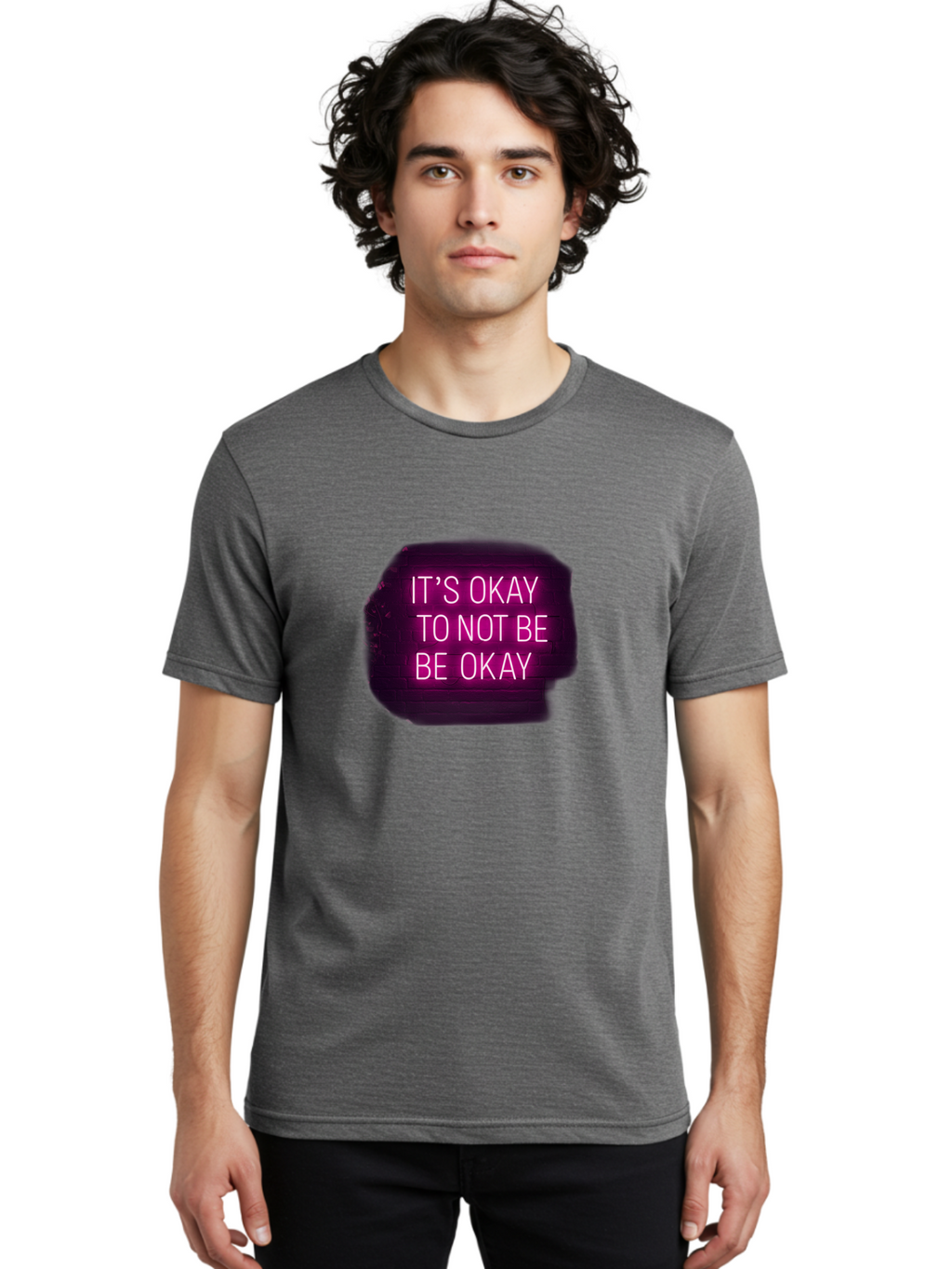 It-S-Okay-To-Not-Be-Okay-3 Men'S Graphic Tee, 100% Cotton, Comfortable Casual Summer Wear, Machine Washable, Mental Health Awareness, Self Care, Emotional Support, Neon Sign, Pink Text, Inspirational Quote, Motivational Message Bae052