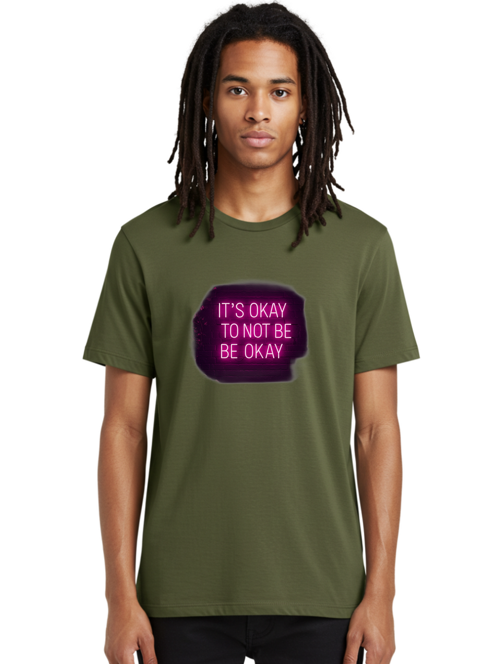 It-S-Okay-To-Not-Be-Okay-3 Men'S Graphic Tee, 100% Cotton, Comfortable Casual Summer Wear, Machine Washable, Mental Health Awareness, Self Care, Emotional Support, Neon Sign, Pink Text, Inspirational Quote, Motivational Message Bae052
