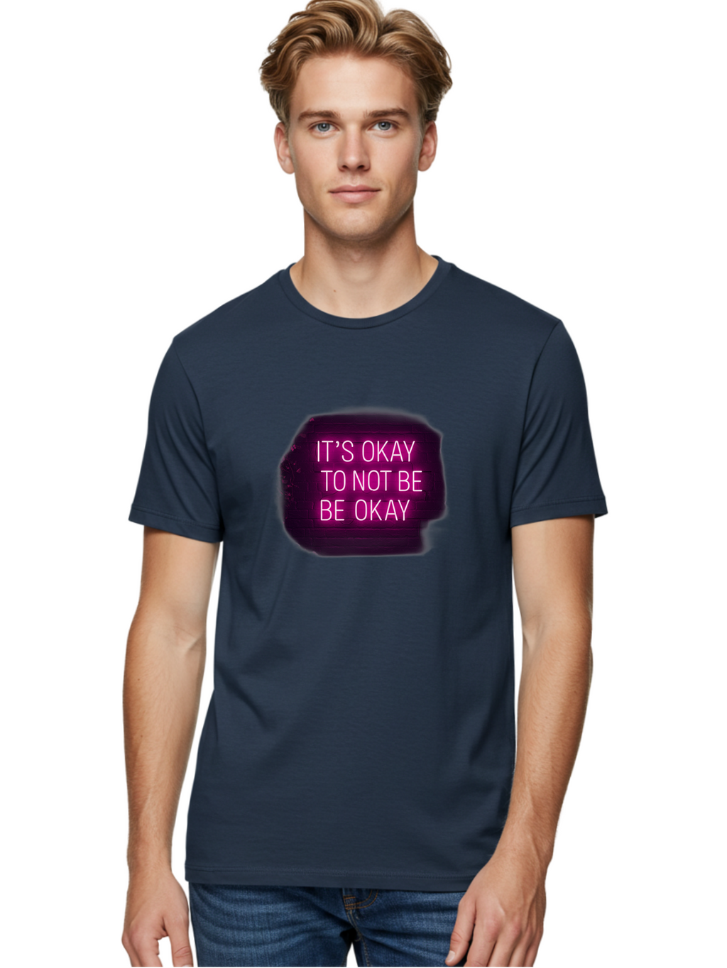 It-S-Okay-To-Not-Be-Okay-3 Men'S Graphic Tee, 100% Cotton, Comfortable Casual Summer Wear, Machine Washable, Mental Health Awareness, Self Care, Emotional Support, Neon Sign, Pink Text, Inspirational Quote, Motivational Message Bae052