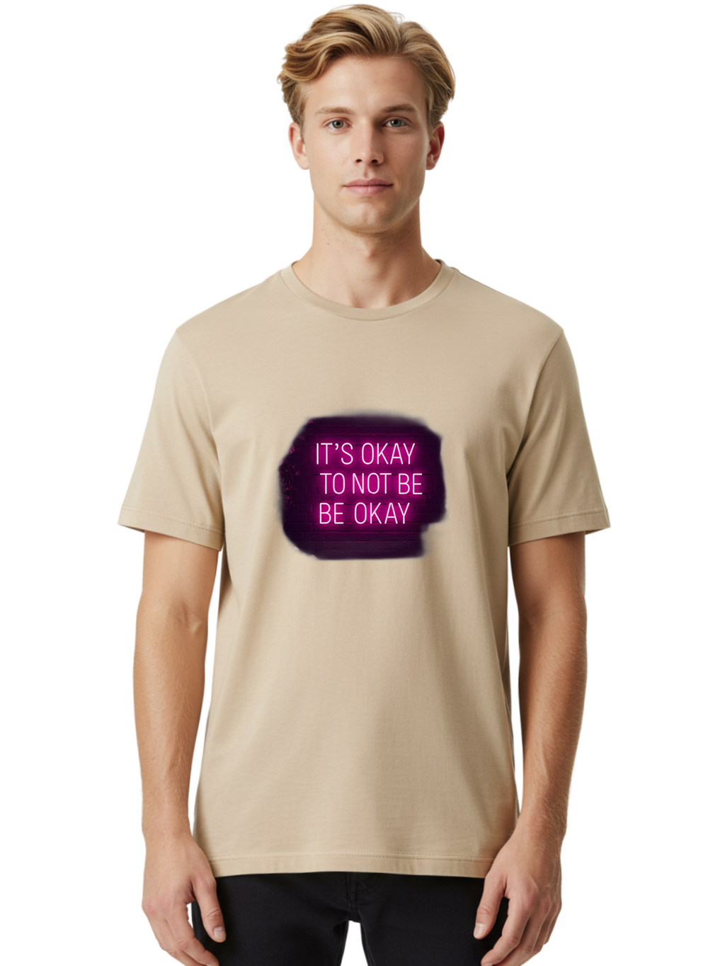 It-S-Okay-To-Not-Be-Okay-3 Men'S Graphic Tee, 100% Cotton, Comfortable Casual Summer Wear, Machine Washable, Mental Health Awareness, Self Care, Emotional Support, Neon Sign, Pink Text, Inspirational Quote, Motivational Message Bae052