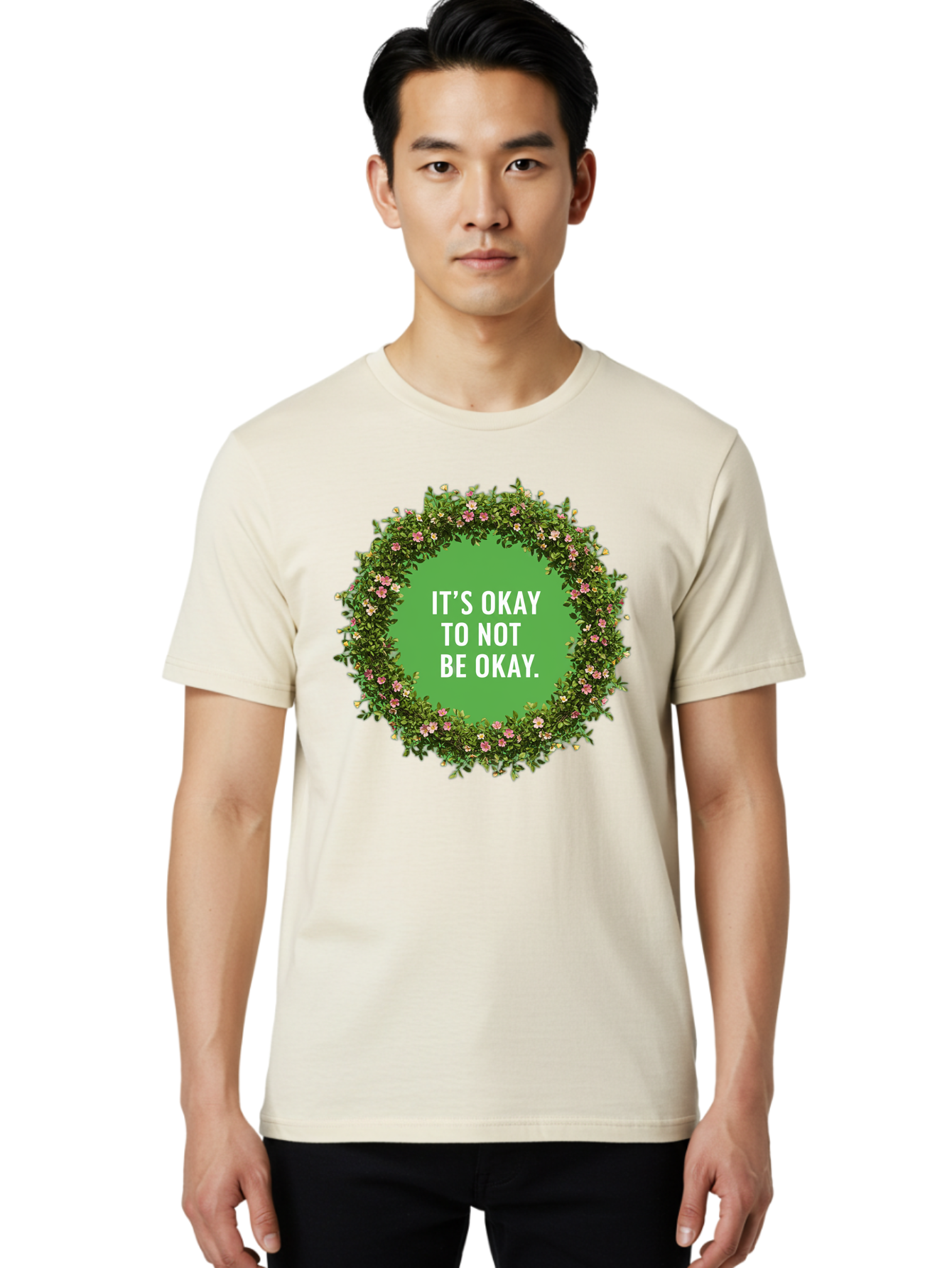 It-S-Okay-To-Not-Be-Okay-4 Men'S Graphic Tee, 100% Cotton, Comfortable Casual Summer Wear, Machine Washable, Mental Health Awareness, Positive Affirmation, Self Care, Emotional Support, Floral Wreath, Motivational Quote, Wellness, Self Love, Bae053