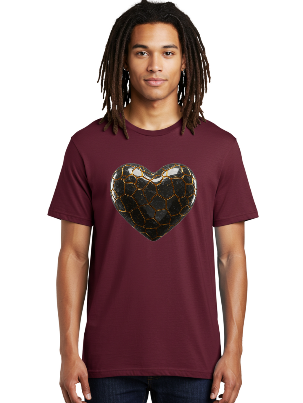 Kintsugi-Heart-1 Men'S Graphic Tee, 100% Cotton, Comfortable Casual Summer Wear, Machine Washable, Kintsugi Art, Heart Shape, Black Pottery, Gold Cracks, Broken Heart, Japanese Craftsmanship, Wabi-Sabi Aesthetic, Ceramics, Repair, Restoration, Bae056