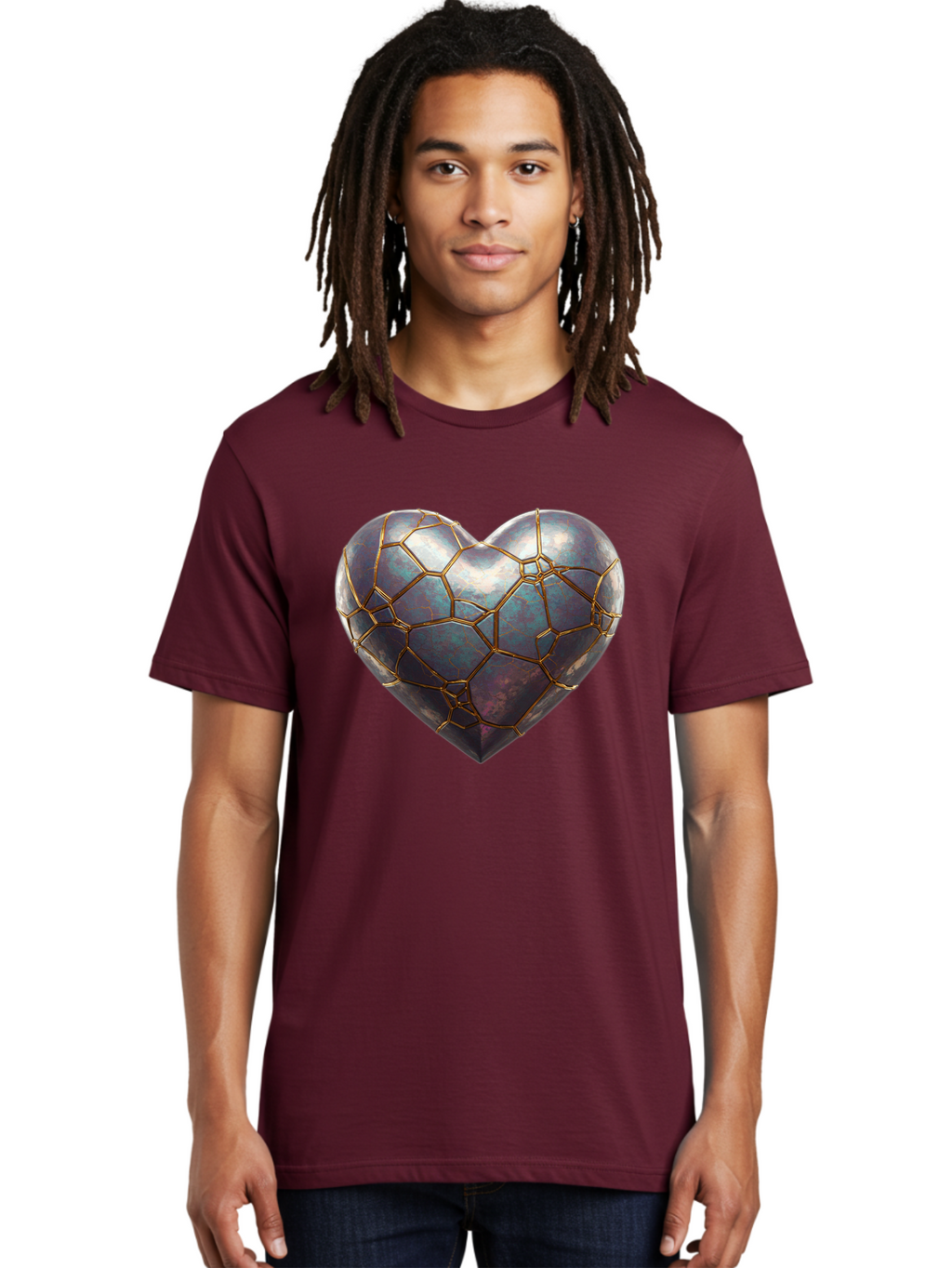 Kintsugi-Heart-3 Men'S Graphic Tee, 100% Cotton, Comfortable Casual Summer Wear, Machine Washable, Kintsugi Art, Broken Heart, Repaired Love, Metallic Heart, Golden Cracks, Fragile Beauty, Symbolic Art, Emotional Healing, Unique Design, Bae058