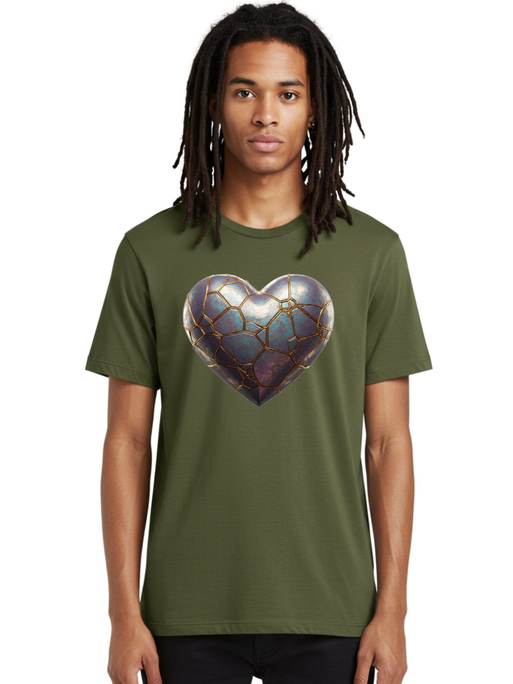 Kintsugi-Heart-3 Men'S Graphic Tee, 100% Cotton, Comfortable Casual Summer Wear, Machine Washable, Kintsugi Art, Broken Heart, Repaired Love, Metallic Heart, Golden Cracks, Fragile Beauty, Symbolic Art, Emotional Healing, Unique Design, Bae058