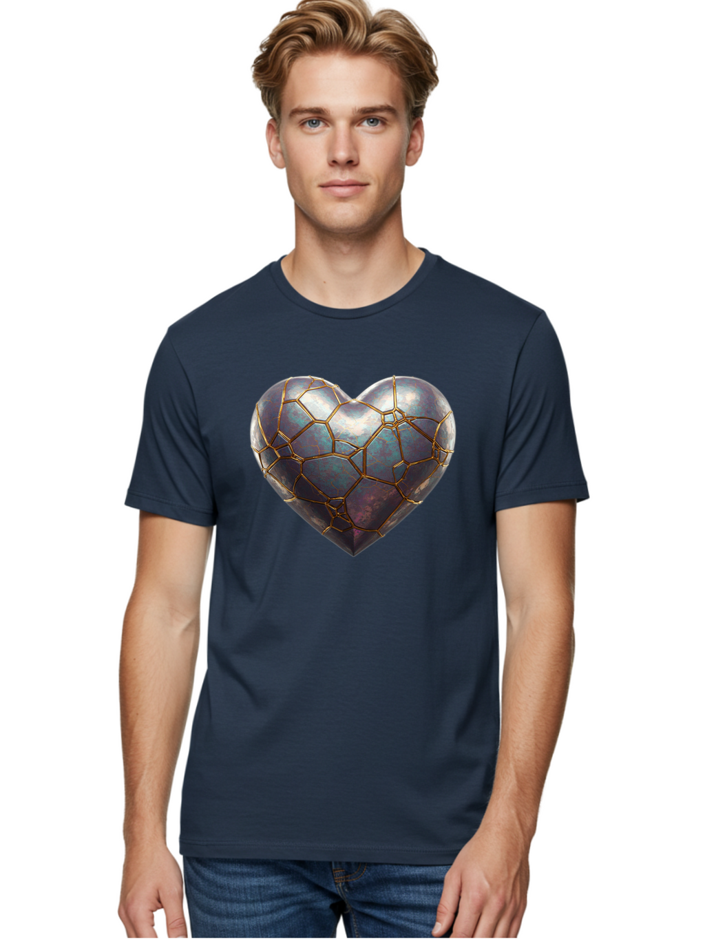 Kintsugi-Heart-3 Men'S Graphic Tee, 100% Cotton, Comfortable Casual Summer Wear, Machine Washable, Kintsugi Art, Broken Heart, Repaired Love, Metallic Heart, Golden Cracks, Fragile Beauty, Symbolic Art, Emotional Healing, Unique Design, Bae058