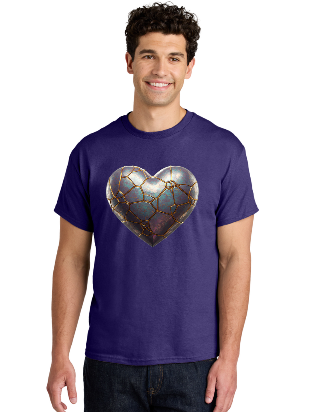 Kintsugi-Heart-3 Men'S Graphic Tee, 100% Cotton, Comfortable Casual Summer Wear, Machine Washable, Kintsugi Art, Broken Heart, Repaired Love, Metallic Heart, Golden Cracks, Fragile Beauty, Symbolic Art, Emotional Healing, Unique Design, Bae058