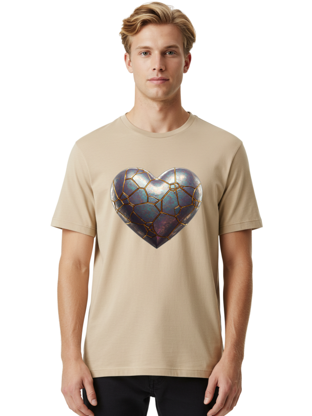 Kintsugi-Heart-3 Men'S Graphic Tee, 100% Cotton, Comfortable Casual Summer Wear, Machine Washable, Kintsugi Art, Broken Heart, Repaired Love, Metallic Heart, Golden Cracks, Fragile Beauty, Symbolic Art, Emotional Healing, Unique Design, Bae058