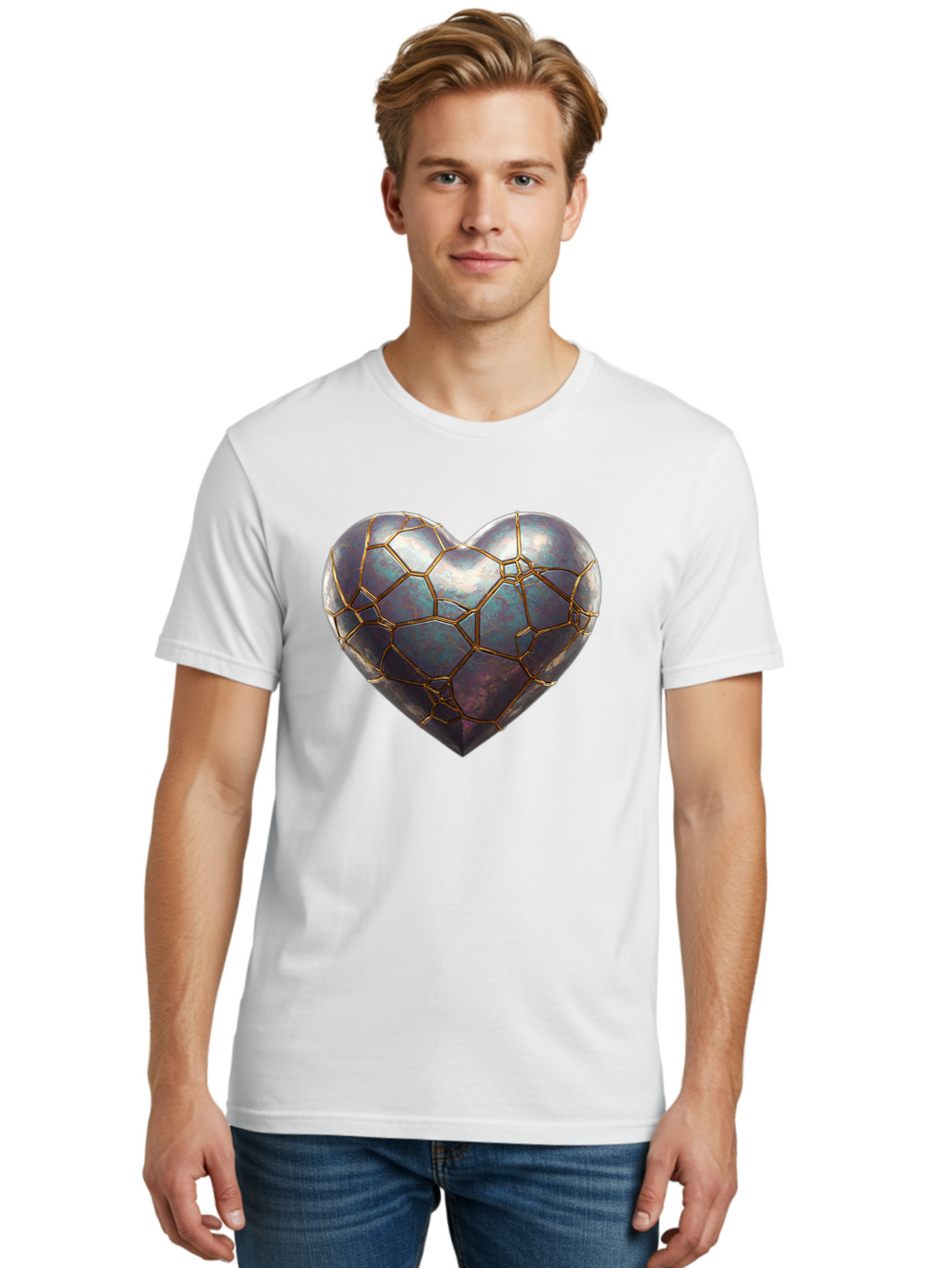Kintsugi-Heart-3 Men'S Graphic Tee, 100% Cotton, Comfortable Casual Summer Wear, Machine Washable, Kintsugi Art, Broken Heart, Repaired Love, Metallic Heart, Golden Cracks, Fragile Beauty, Symbolic Art, Emotional Healing, Unique Design, Bae058