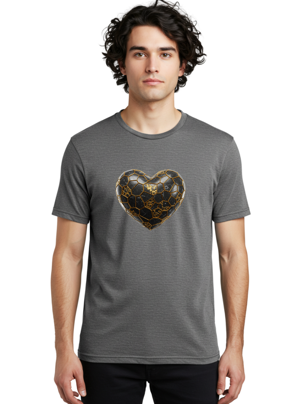 Kintsugi-Heart-4 Men'S Graphic Tee, 100% Cotton, Comfortable Casual Summer Wear, Machine Washable, Kintsugi Heart, Broken Heart, Golden Repair, Black Ceramic, Mended Love, Imperfect Beauty, Artisanal Craftsmanship, Unique Design, Bae059