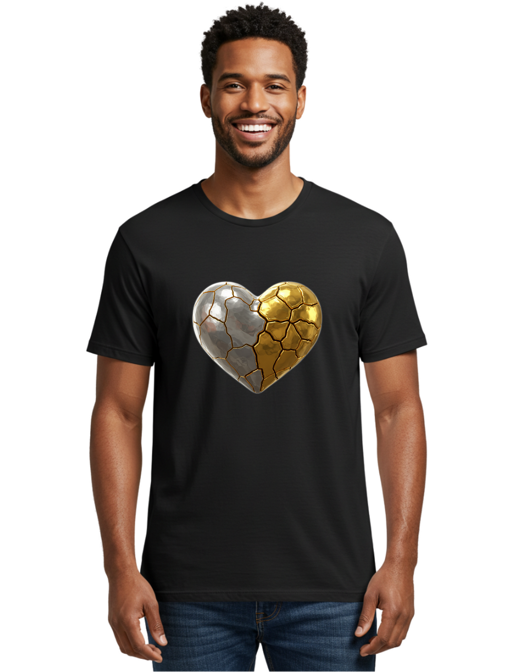 Kintsugi-Heart-5 Men'S Graphic Tee, 100% Cotton, Comfortable Casual Summer Wear, Machine Washable, Heart Shape, Metal Surface, Cracked Texture, Silver And Gold Elements, Kintsugi Effect, Love Symbol, Metallic Design, Broken Heart, Bae060