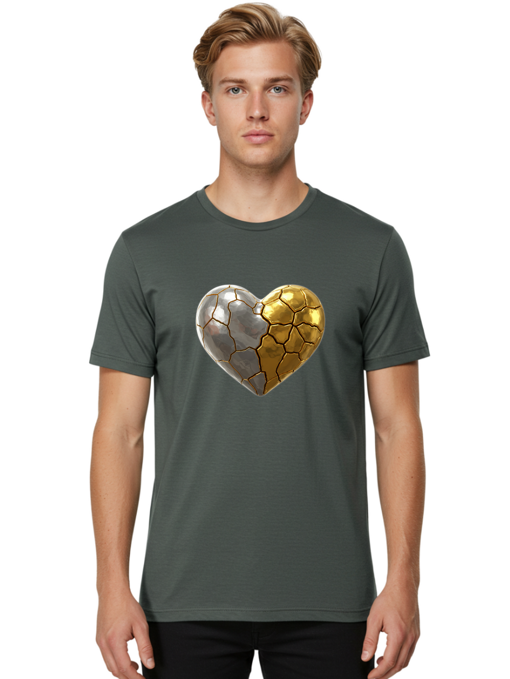 Kintsugi-Heart-5 Men'S Graphic Tee, 100% Cotton, Comfortable Casual Summer Wear, Machine Washable, Heart Shape, Metal Surface, Cracked Texture, Silver And Gold Elements, Kintsugi Effect, Love Symbol, Metallic Design, Broken Heart, Bae060