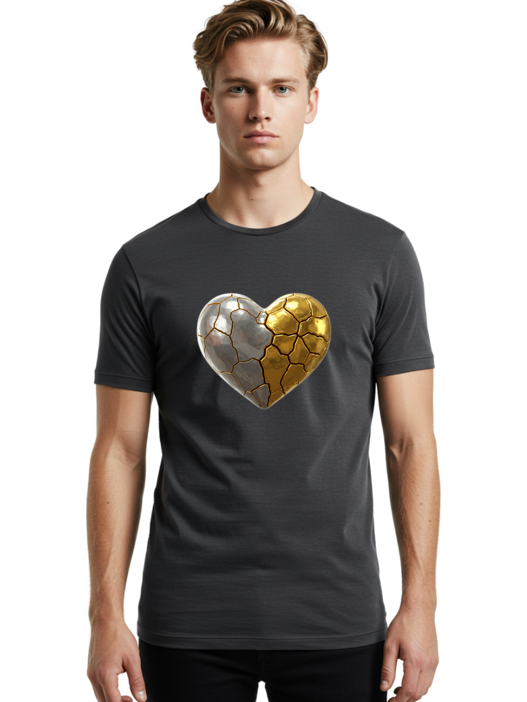 Kintsugi-Heart-5 Men'S Graphic Tee, 100% Cotton, Comfortable Casual Summer Wear, Machine Washable, Heart Shape, Metal Surface, Cracked Texture, Silver And Gold Elements, Kintsugi Effect, Love Symbol, Metallic Design, Broken Heart, Bae060