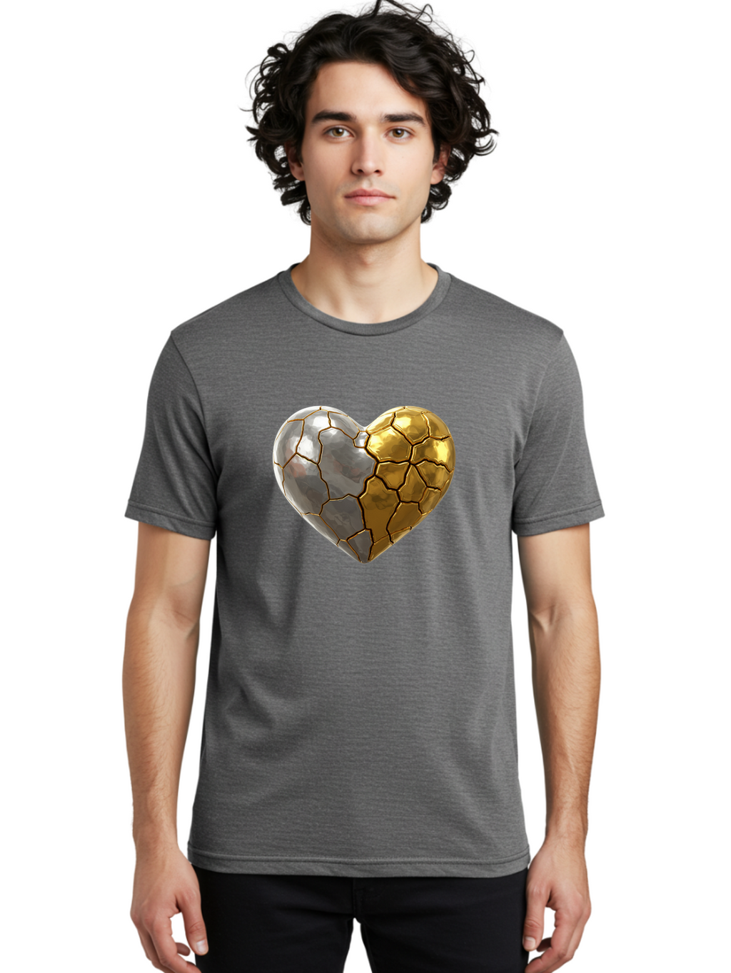 Kintsugi-Heart-5 Men'S Graphic Tee, 100% Cotton, Comfortable Casual Summer Wear, Machine Washable, Heart Shape, Metal Surface, Cracked Texture, Silver And Gold Elements, Kintsugi Effect, Love Symbol, Metallic Design, Broken Heart, Bae060