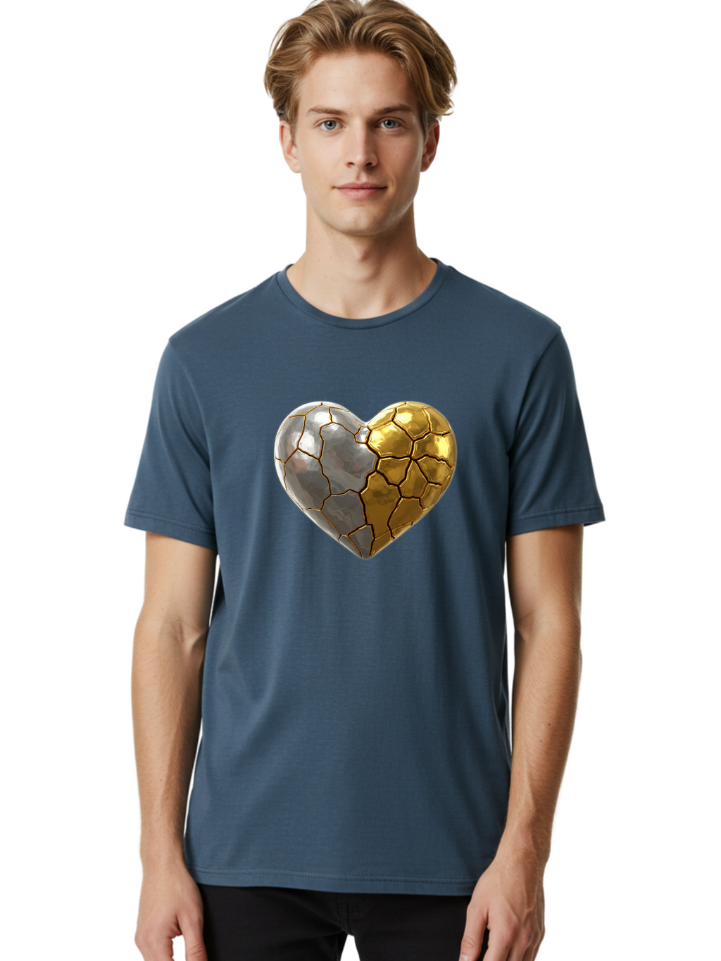 Kintsugi-Heart-5 Men'S Graphic Tee, 100% Cotton, Comfortable Casual Summer Wear, Machine Washable, Heart Shape, Metal Surface, Cracked Texture, Silver And Gold Elements, Kintsugi Effect, Love Symbol, Metallic Design, Broken Heart, Bae060