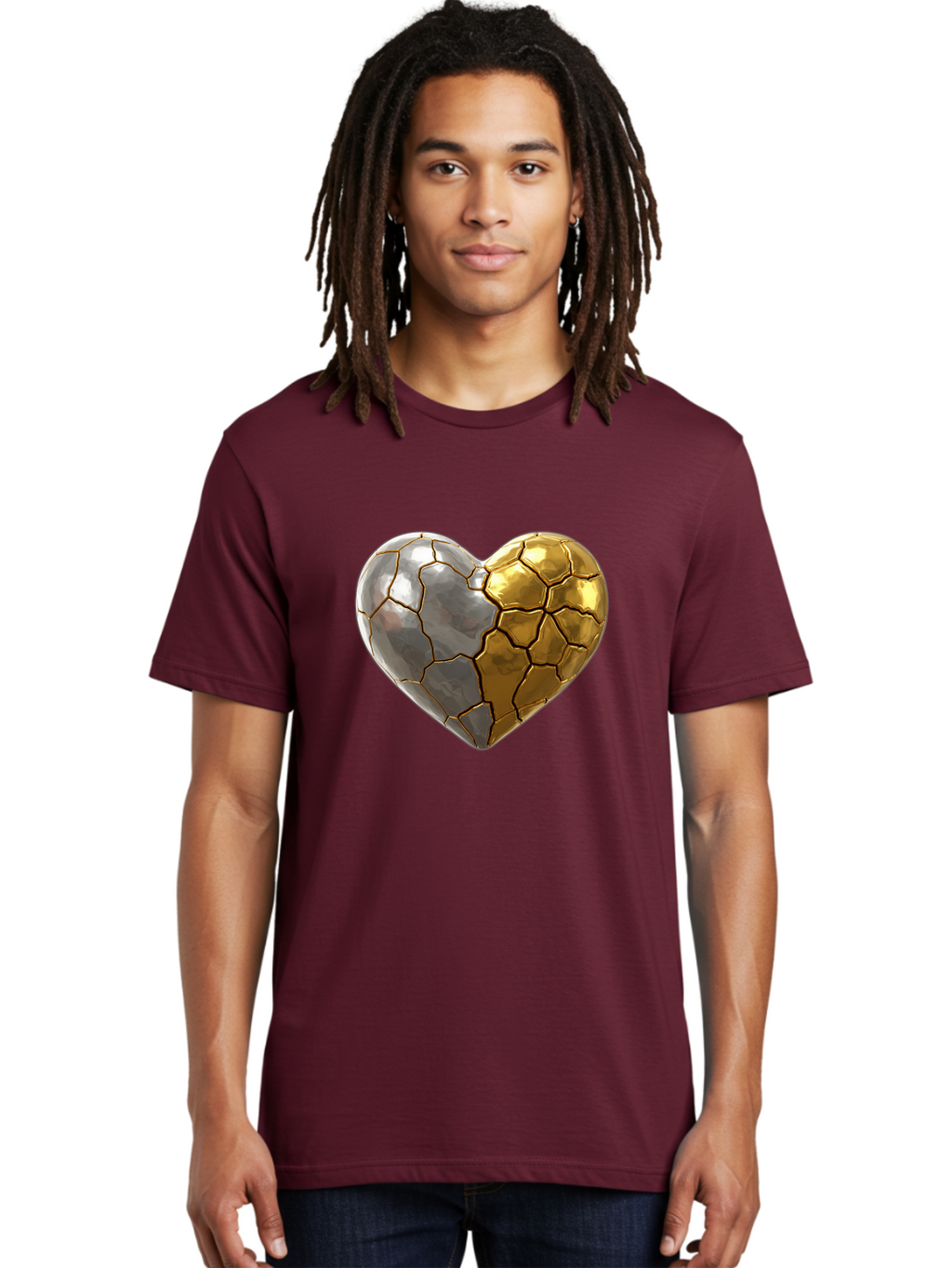 Kintsugi-Heart-5 Men'S Graphic Tee, 100% Cotton, Comfortable Casual Summer Wear, Machine Washable, Heart Shape, Metal Surface, Cracked Texture, Silver And Gold Elements, Kintsugi Effect, Love Symbol, Metallic Design, Broken Heart, Bae060