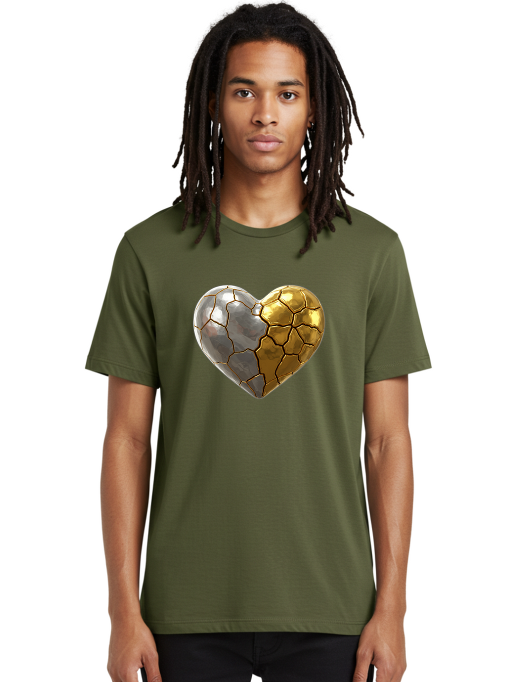 Kintsugi-Heart-5 Men'S Graphic Tee, 100% Cotton, Comfortable Casual Summer Wear, Machine Washable, Heart Shape, Metal Surface, Cracked Texture, Silver And Gold Elements, Kintsugi Effect, Love Symbol, Metallic Design, Broken Heart, Bae060