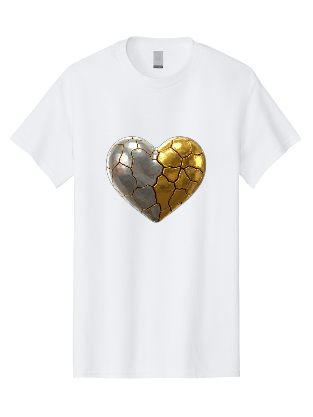 Kintsugi-Heart-5 Men'S Graphic Tee, 100% Cotton, Comfortable Casual Summer Wear, Machine Washable, Heart Shape, Metal Surface, Cracked Texture, Silver And Gold Elements, Kintsugi Effect, Love Symbol, Metallic Design, Broken Heart, Bae060