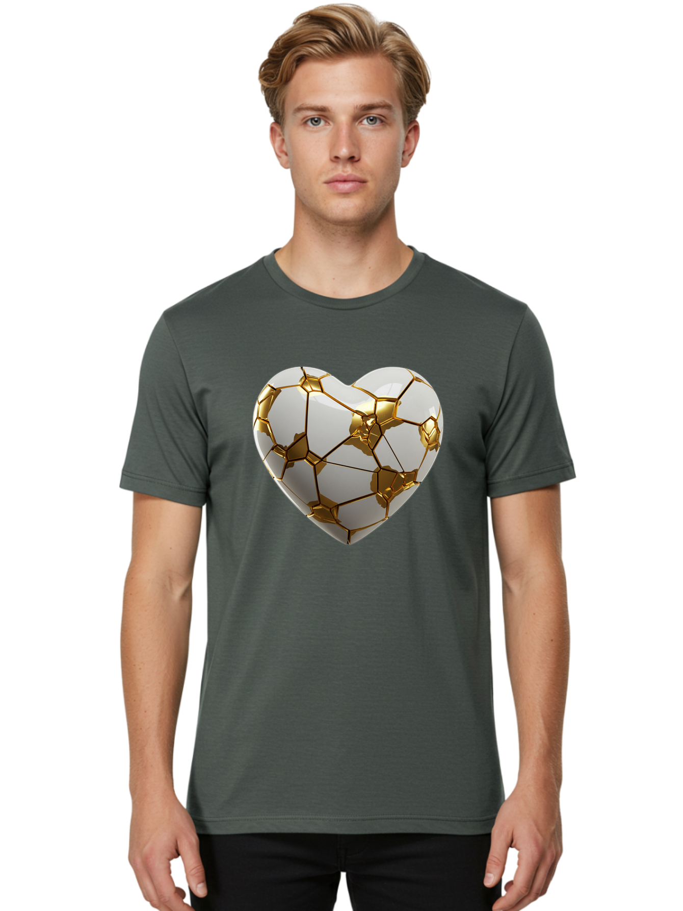 Kintsugi-Heart-6 Men'S Graphic Tee, 100% Cotton, Comfortable Casual Summer Wear, Machine Washable, Kintsugi Heart, Broken Heart, Golden Repair, Pottery Art, Fragile Beauty, Broken And Mended, Wabi-Sabi, Repair Art Bae061