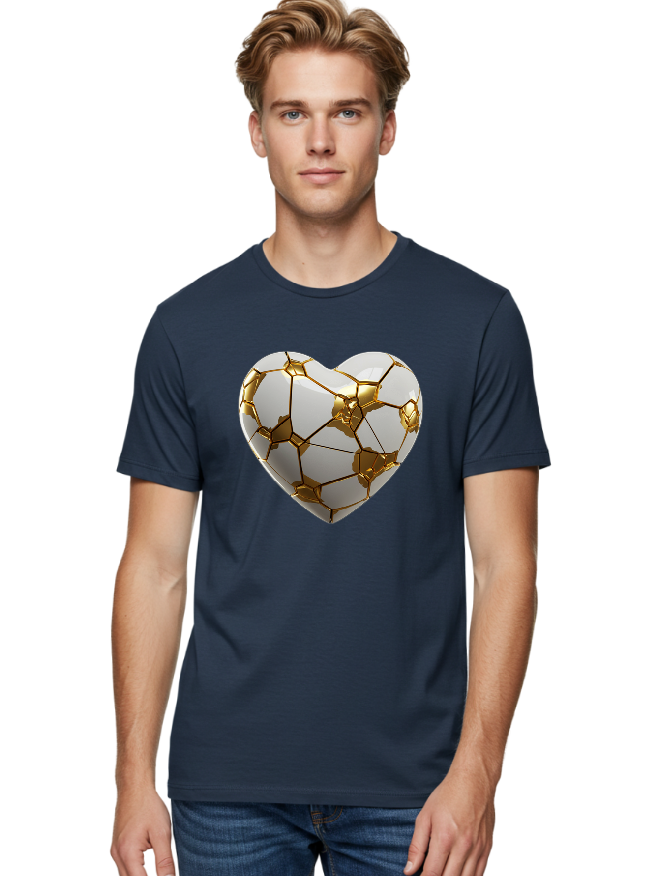 Kintsugi-Heart-6 Men'S Graphic Tee, 100% Cotton, Comfortable Casual Summer Wear, Machine Washable, Kintsugi Heart, Broken Heart, Golden Repair, Pottery Art, Fragile Beauty, Broken And Mended, Wabi-Sabi, Repair Art Bae061
