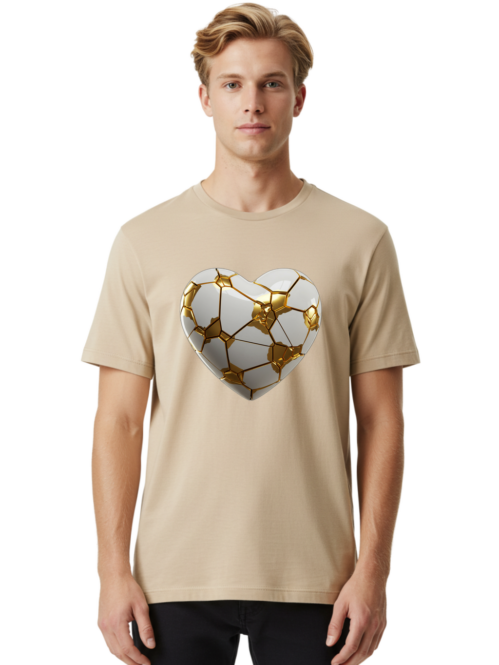 Kintsugi-Heart-6 Men'S Graphic Tee, 100% Cotton, Comfortable Casual Summer Wear, Machine Washable, Kintsugi Heart, Broken Heart, Golden Repair, Pottery Art, Fragile Beauty, Broken And Mended, Wabi-Sabi, Repair Art Bae061