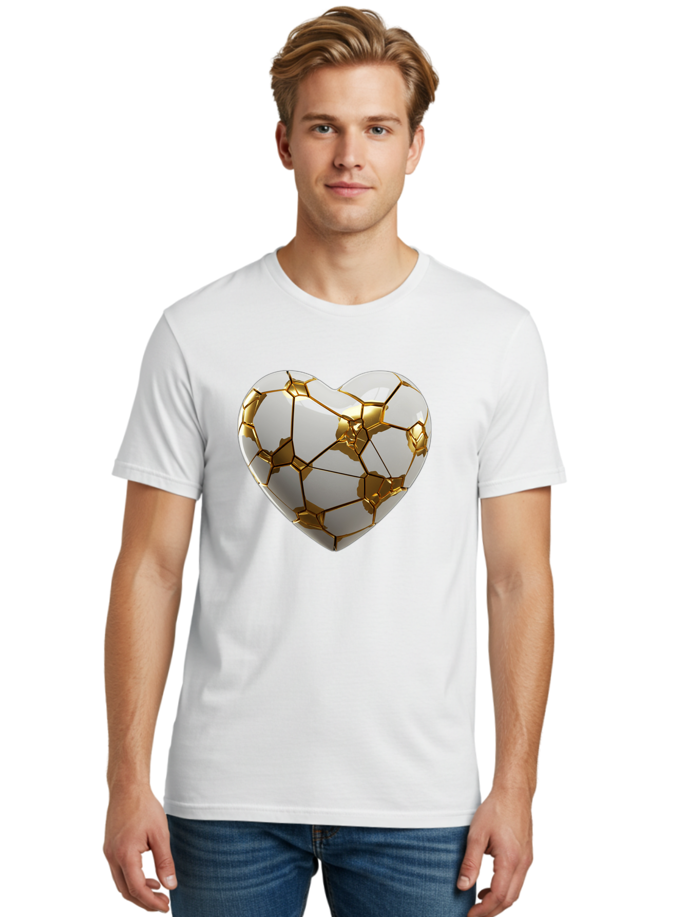 Kintsugi-Heart-6 Men'S Graphic Tee, 100% Cotton, Comfortable Casual Summer Wear, Machine Washable, Kintsugi Heart, Broken Heart, Golden Repair, Pottery Art, Fragile Beauty, Broken And Mended, Wabi-Sabi, Repair Art Bae061