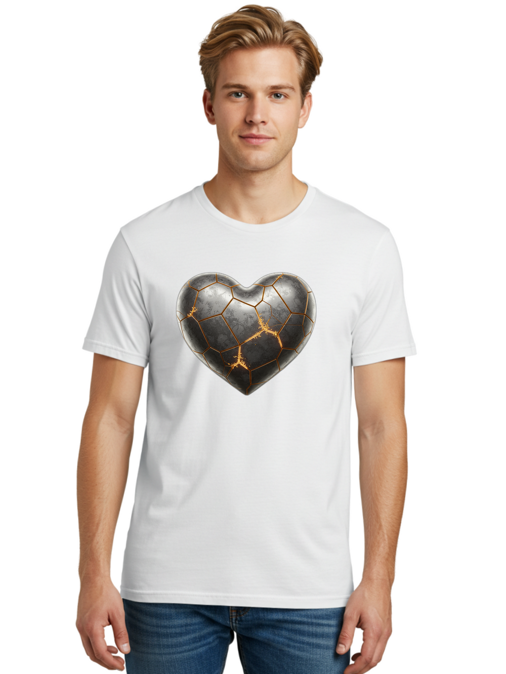 Kintsugi-Heart-7 Men'S Graphic Tee, 100% Cotton, Comfortable Casual Summer Wear, Machine Washable, Heart Shape, Kintsugi Repair, Gold Cracks, Broken Heart, Metal Texture, Abstract Art, Unique Design, Symbolic Representation, Emotional Healing Bae062