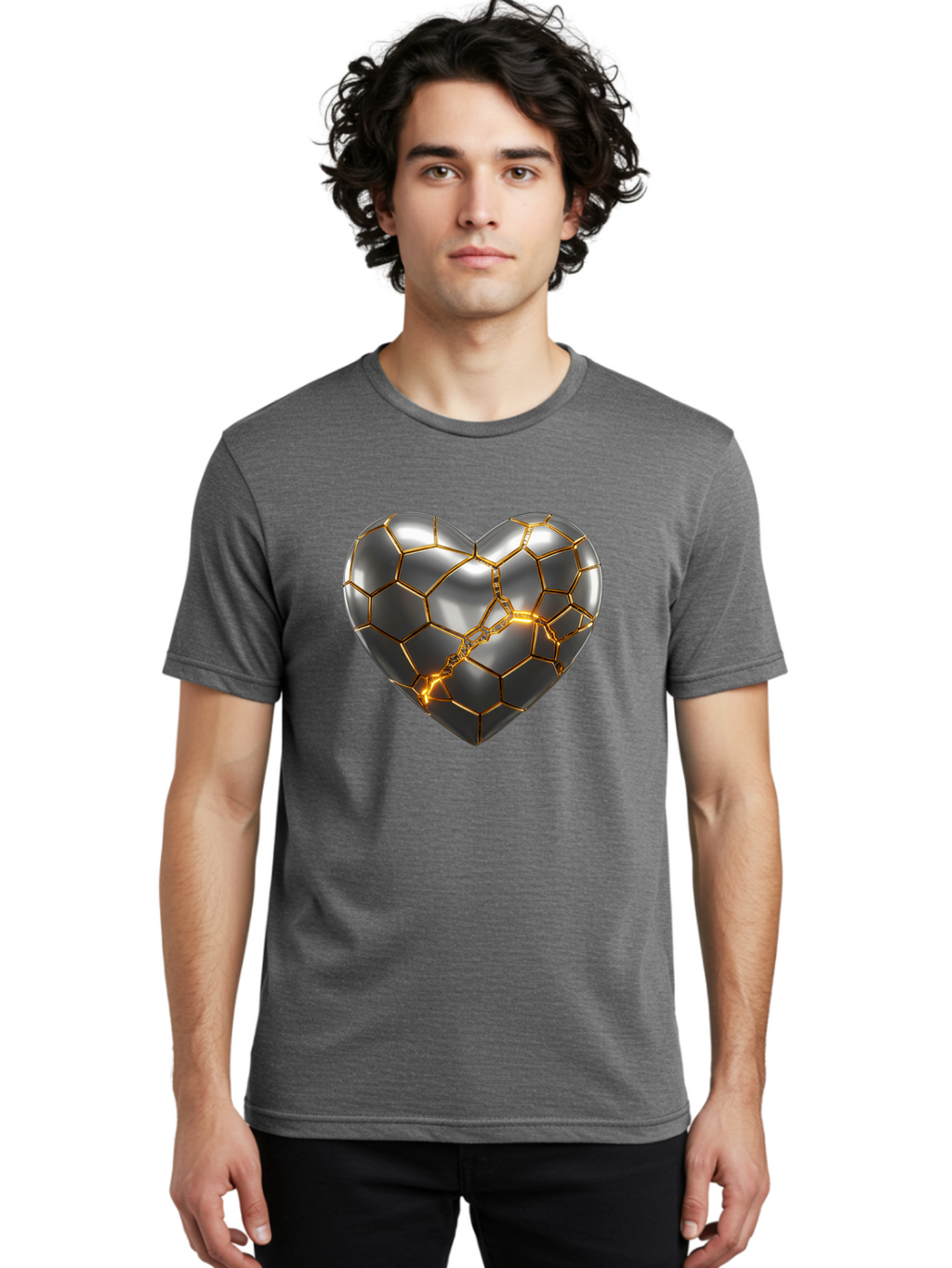 Kintsugi-Heart Men'S Graphic Tee, 100% Cotton, Comfortable Casual Summer Wear, Machine Washable, Kintsugi, Broken Heart, Repaired With Gold, Metal Heart, Shiny, Reflective, 3D Illustration, Unique Art, Creative Design, Heart Shape, Bae064