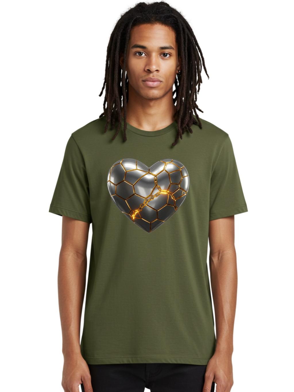 Kintsugi-Heart Men'S Graphic Tee, 100% Cotton, Comfortable Casual Summer Wear, Machine Washable, Kintsugi, Broken Heart, Repaired With Gold, Metal Heart, Shiny, Reflective, 3D Illustration, Unique Art, Creative Design, Heart Shape, Bae064