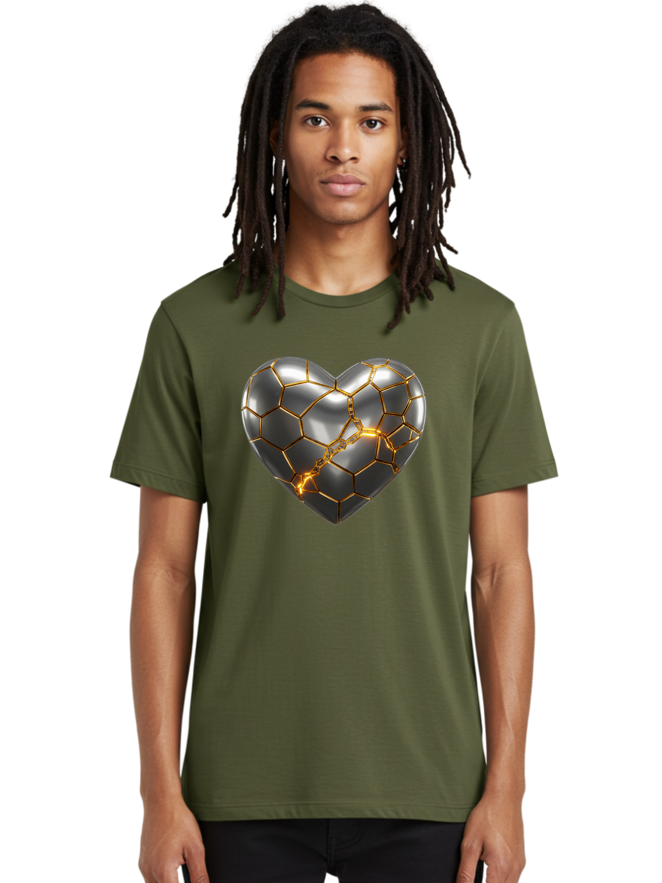 Kintsugi-Heart Men'S Graphic Tee, 100% Cotton, Comfortable Casual Summer Wear, Machine Washable, Kintsugi, Broken Heart, Repaired With Gold, Metal Heart, Shiny, Reflective, 3D Illustration, Unique Art, Creative Design, Heart Shape, Bae064