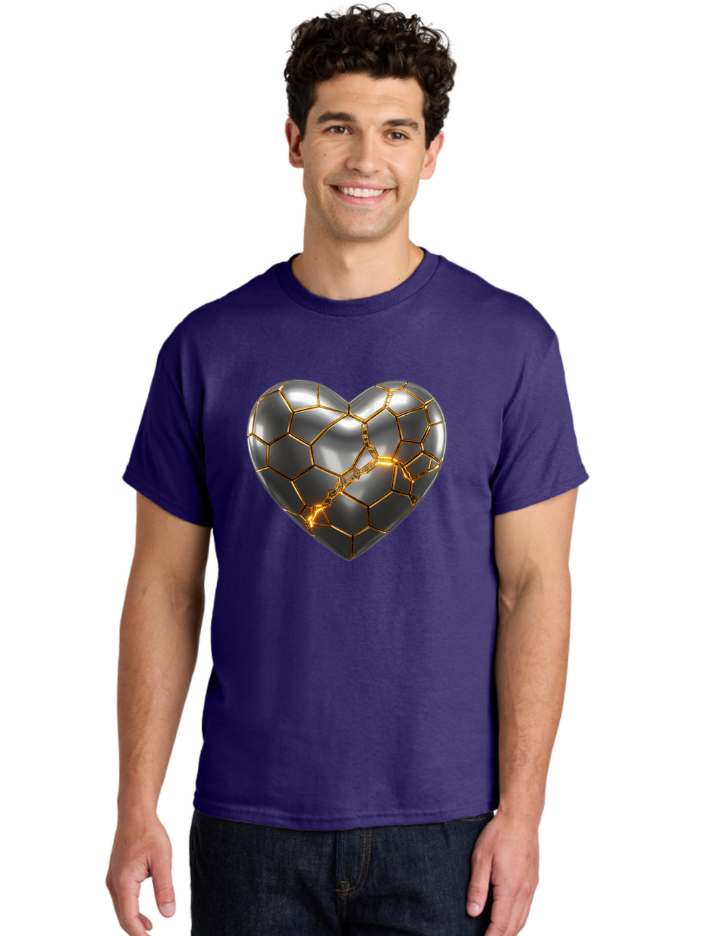 Kintsugi-Heart Men'S Graphic Tee, 100% Cotton, Comfortable Casual Summer Wear, Machine Washable, Kintsugi, Broken Heart, Repaired With Gold, Metal Heart, Shiny, Reflective, 3D Illustration, Unique Art, Creative Design, Heart Shape, Bae064