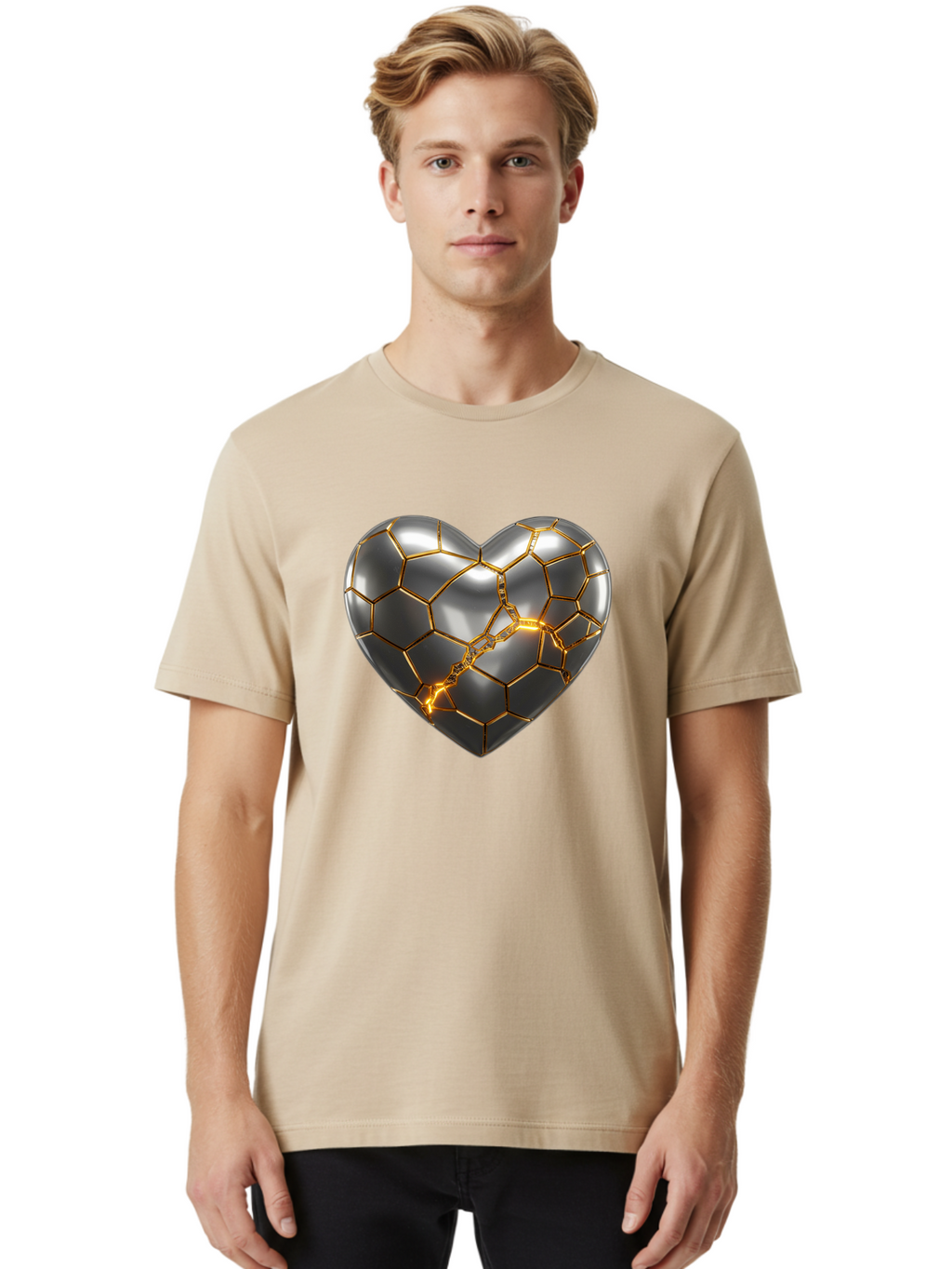 Kintsugi-Heart Men'S Graphic Tee, 100% Cotton, Comfortable Casual Summer Wear, Machine Washable, Kintsugi, Broken Heart, Repaired With Gold, Metal Heart, Shiny, Reflective, 3D Illustration, Unique Art, Creative Design, Heart Shape, Bae064