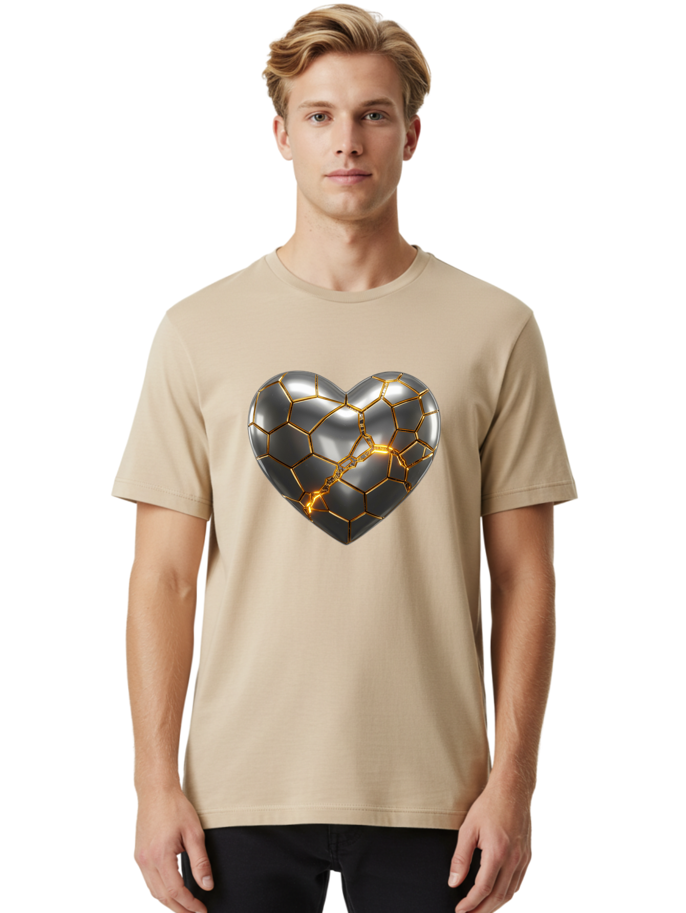 Kintsugi-Heart Men'S Graphic Tee, 100% Cotton, Comfortable Casual Summer Wear, Machine Washable, Kintsugi, Broken Heart, Repaired With Gold, Metal Heart, Shiny, Reflective, 3D Illustration, Unique Art, Creative Design, Heart Shape, Bae064