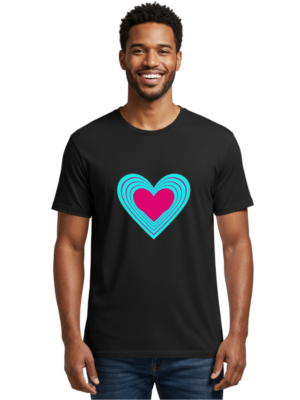 Layered-Heart Men'S Graphic Tee, 100% Cotton, Comfortable Casual Summer Wear, Machine Washable, Layered Heart, Pink And Blue Heart, Love Symbol, Valentine'S Day, Heart Shape, Digital Art, Graphic Design, Layered Effect Bae065
