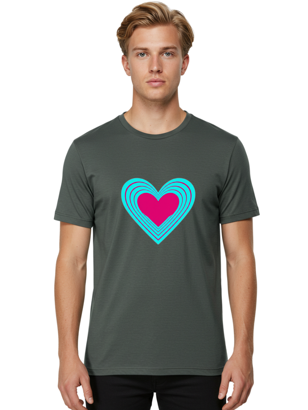 Layered-Heart Men'S Graphic Tee, 100% Cotton, Comfortable Casual Summer Wear, Machine Washable, Layered Heart, Pink And Blue Heart, Love Symbol, Valentine'S Day, Heart Shape, Digital Art, Graphic Design, Layered Effect Bae065