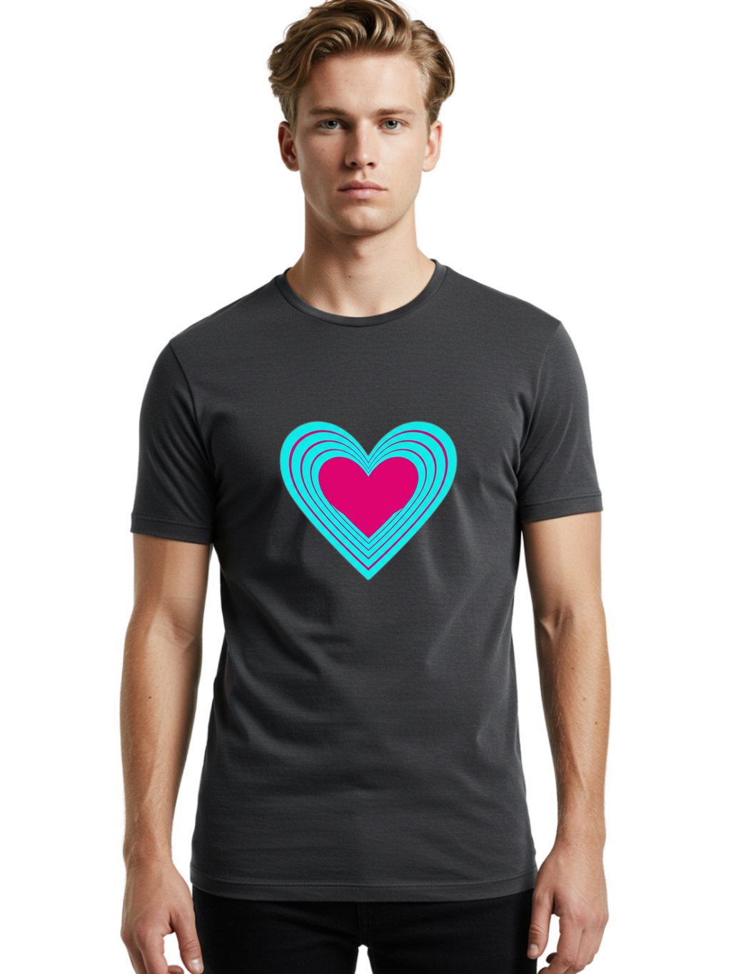 Layered-Heart Men'S Graphic Tee, 100% Cotton, Comfortable Casual Summer Wear, Machine Washable, Layered Heart, Pink And Blue Heart, Love Symbol, Valentine'S Day, Heart Shape, Digital Art, Graphic Design, Layered Effect Bae065
