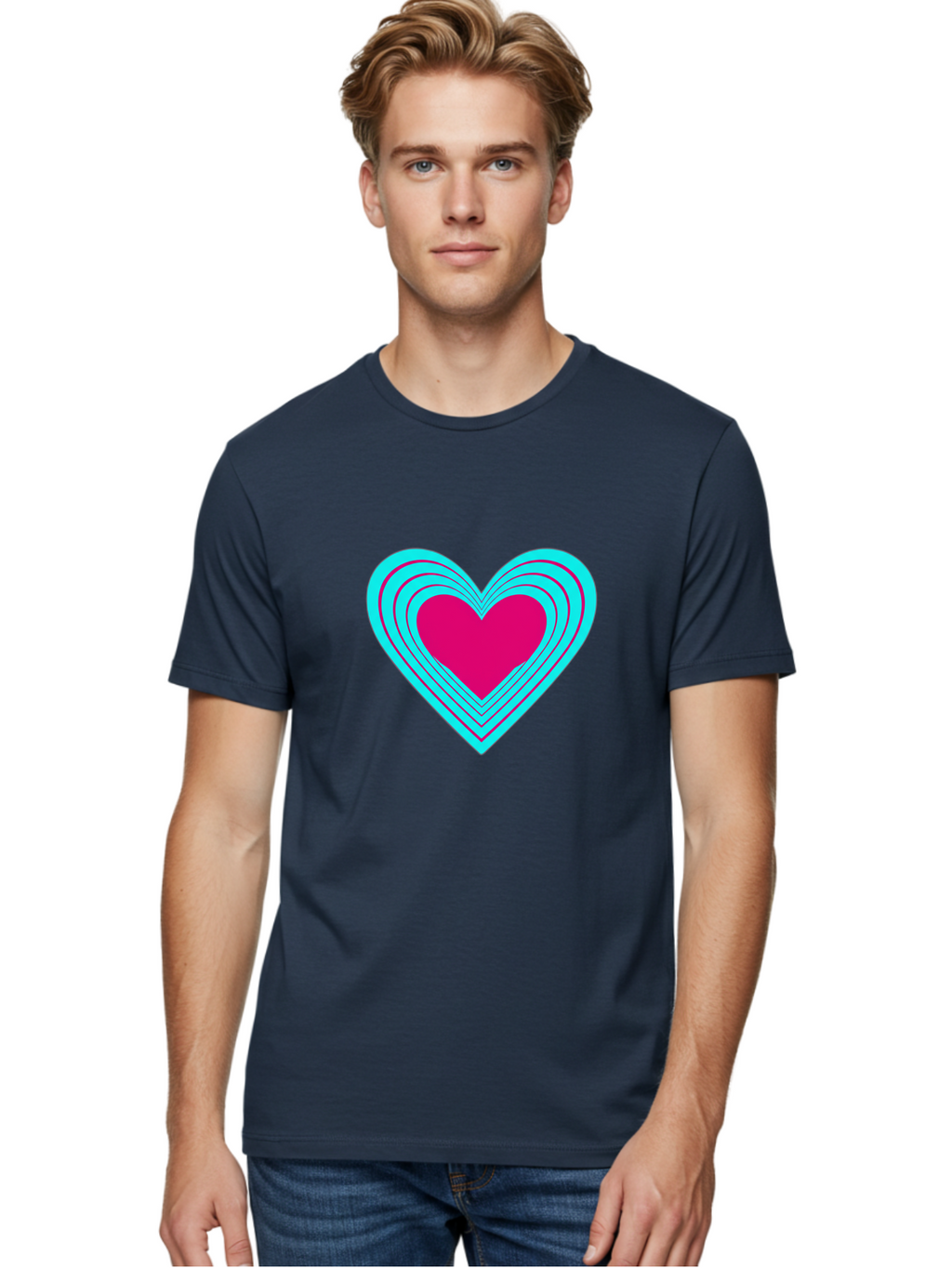 Layered-Heart Men'S Graphic Tee, 100% Cotton, Comfortable Casual Summer Wear, Machine Washable, Layered Heart, Pink And Blue Heart, Love Symbol, Valentine'S Day, Heart Shape, Digital Art, Graphic Design, Layered Effect Bae065