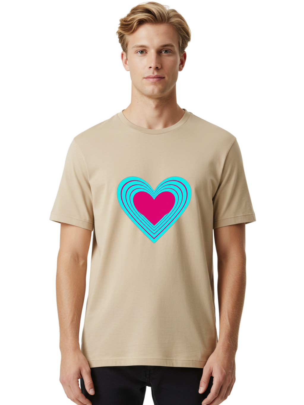 Layered-Heart Men'S Graphic Tee, 100% Cotton, Comfortable Casual Summer Wear, Machine Washable, Layered Heart, Pink And Blue Heart, Love Symbol, Valentine'S Day, Heart Shape, Digital Art, Graphic Design, Layered Effect Bae065