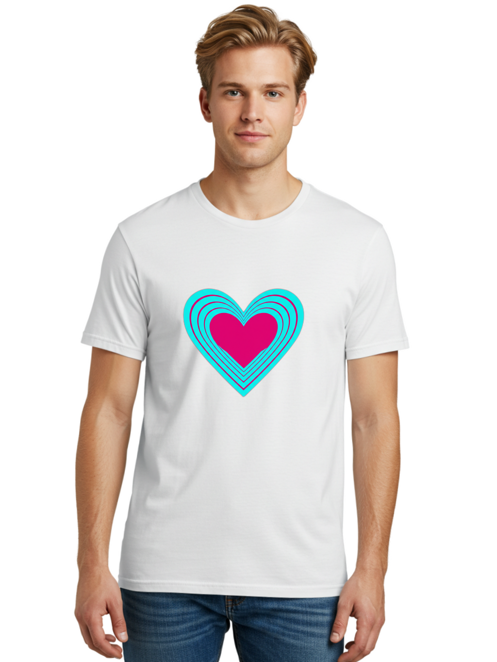 Layered-Heart Men'S Graphic Tee, 100% Cotton, Comfortable Casual Summer Wear, Machine Washable, Layered Heart, Pink And Blue Heart, Love Symbol, Valentine'S Day, Heart Shape, Digital Art, Graphic Design, Layered Effect Bae065