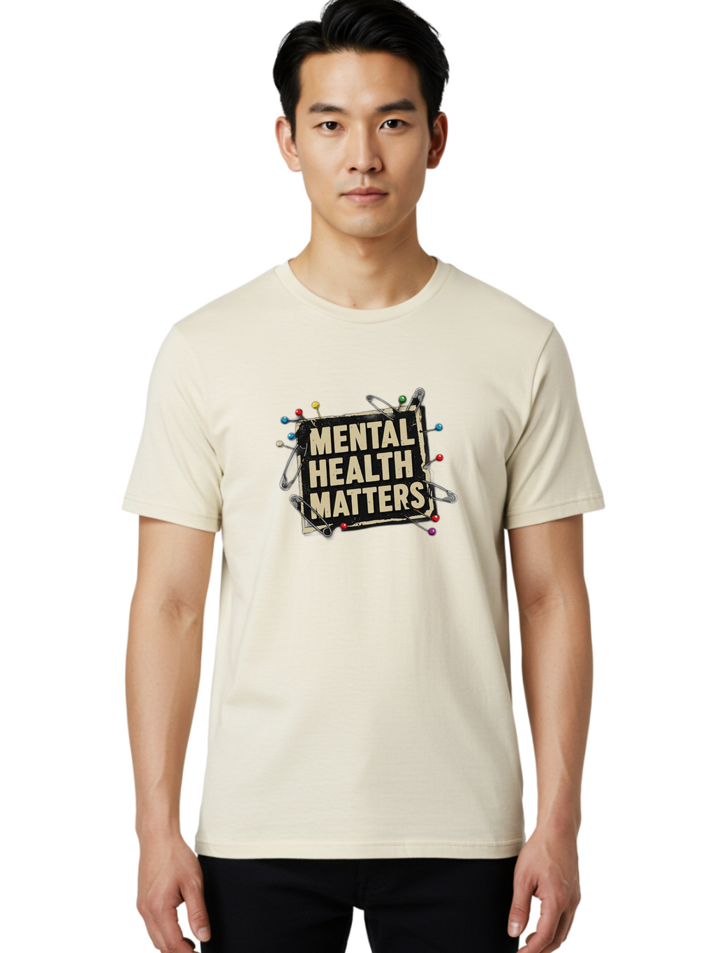 Mental-Health-Matters-2 Men'S Graphic Tee, 100% Cotton, Comfortable Casual Summer Wear, Machine Washable, Mental Health Awareness, Mental Health Matters, Mental Health Importance, Safety Pins, Emotional Support, Mental Wellness, Self Care, Bae067