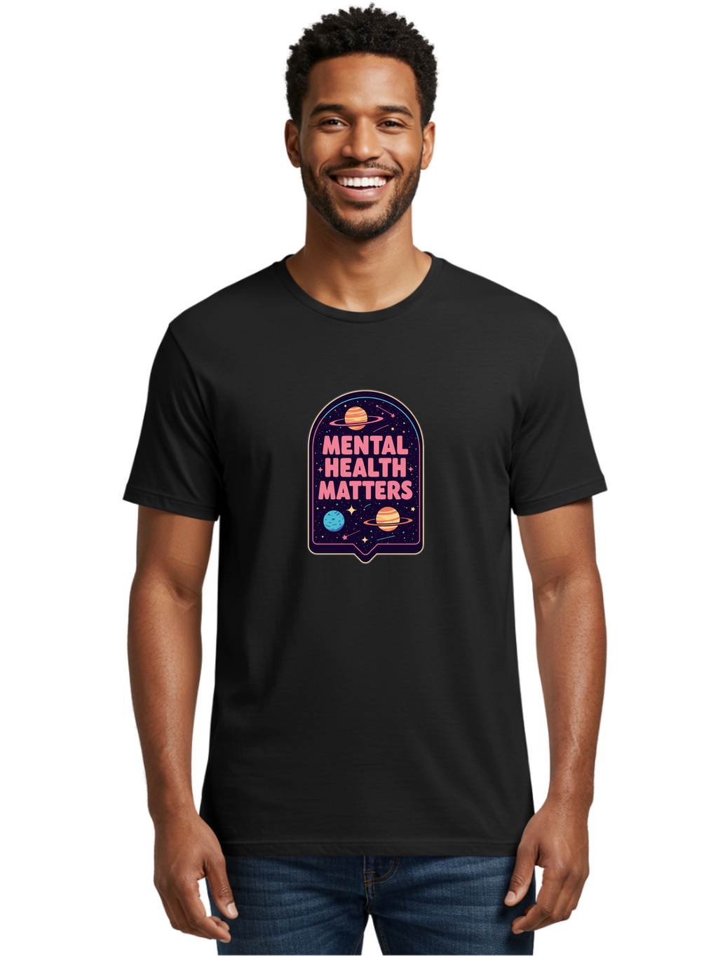 Mental-Health-Matters-4 Men'S Graphic Tee, 100% Cotton, Comfortable Casual Summer Wear, Machine Washable, Mental Health Awareness, Motivational Quote, Celestial Theme, Pink Text, Outer Space Design, Stars, Planets, Mental Wellness, Self Care, Bae069