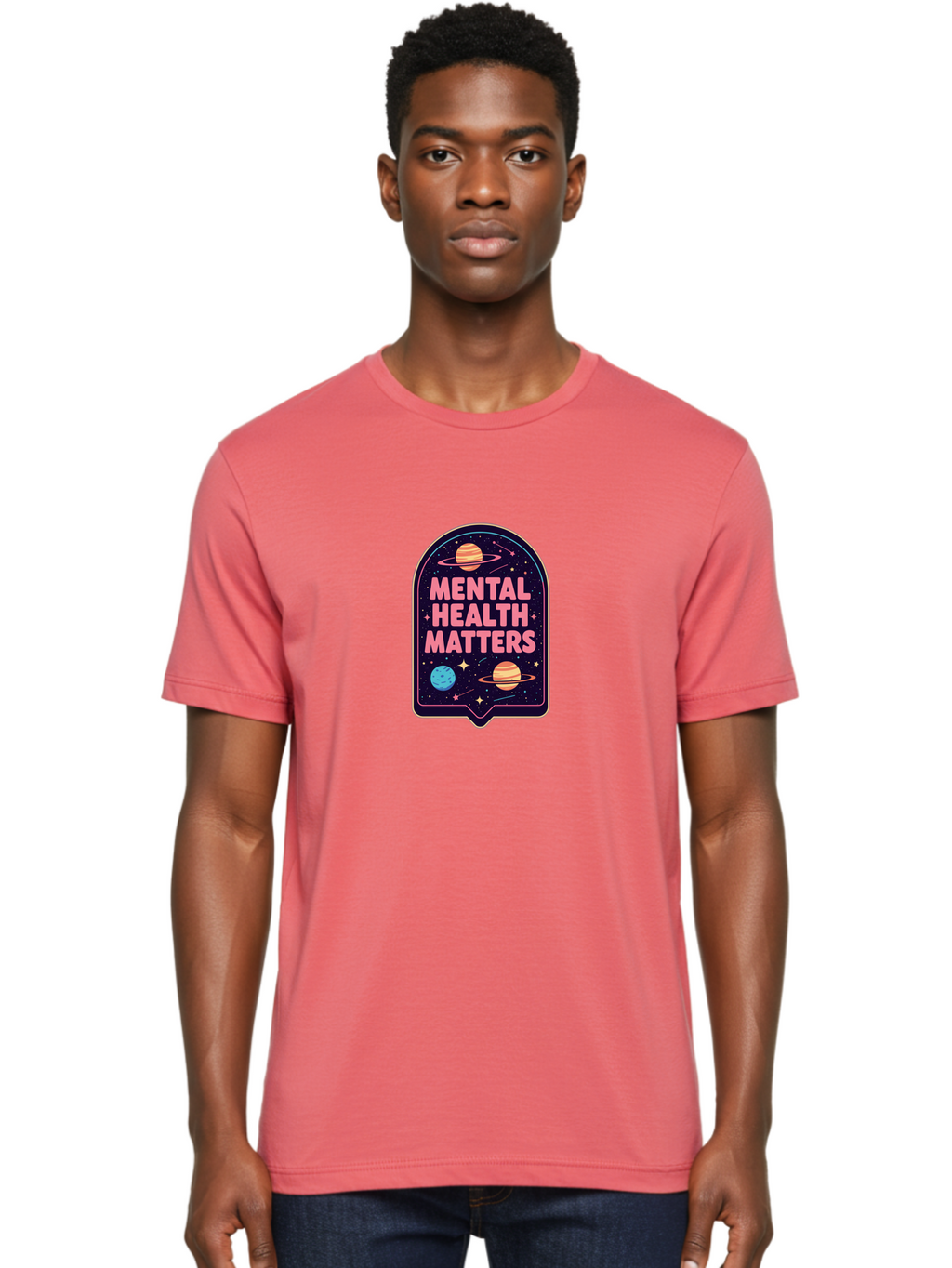 Mental-Health-Matters-4 Men'S Graphic Tee, 100% Cotton, Comfortable Casual Summer Wear, Machine Washable, Mental Health Awareness, Motivational Quote, Celestial Theme, Pink Text, Outer Space Design, Stars, Planets, Mental Wellness, Self Care, Bae069