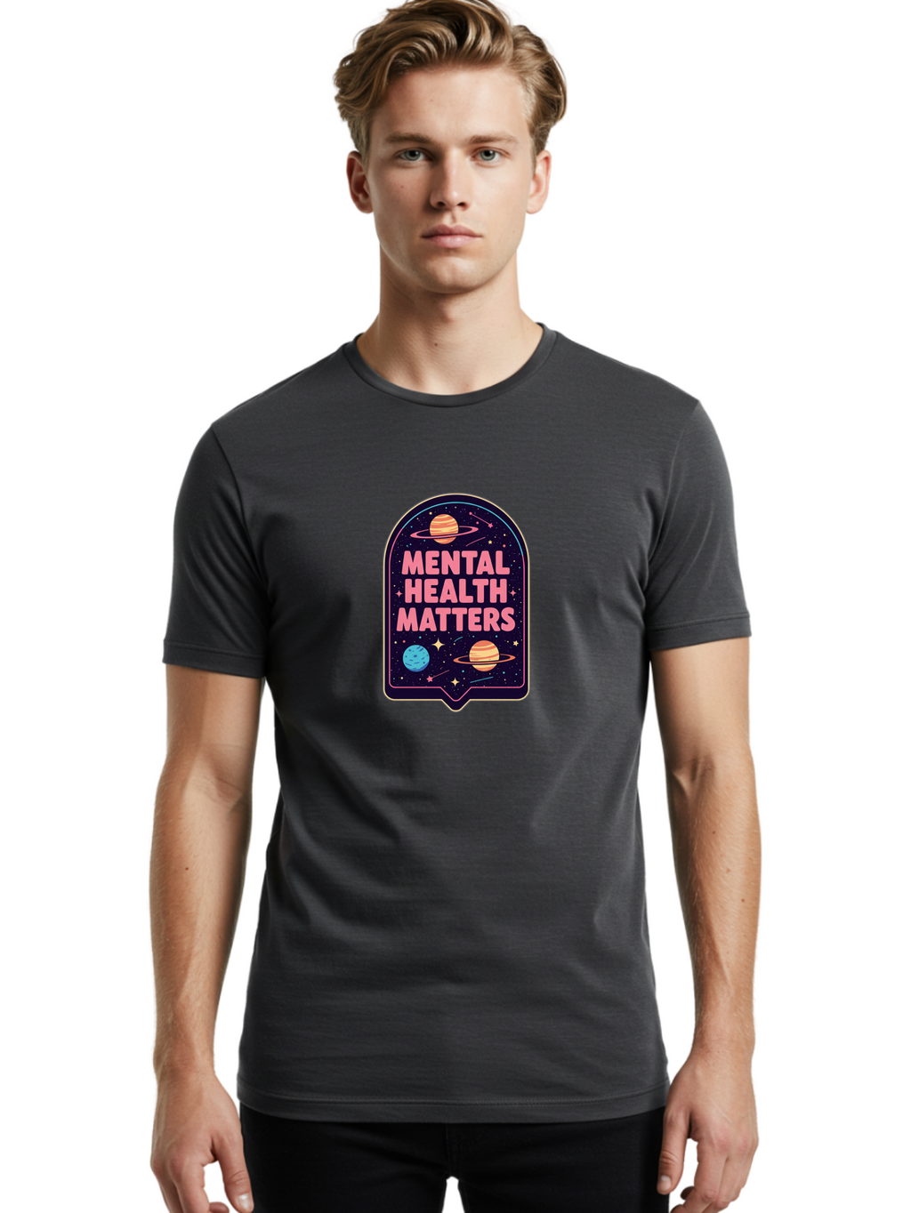 Mental-Health-Matters-4 Men'S Graphic Tee, 100% Cotton, Comfortable Casual Summer Wear, Machine Washable, Mental Health Awareness, Motivational Quote, Celestial Theme, Pink Text, Outer Space Design, Stars, Planets, Mental Wellness, Self Care, Bae069